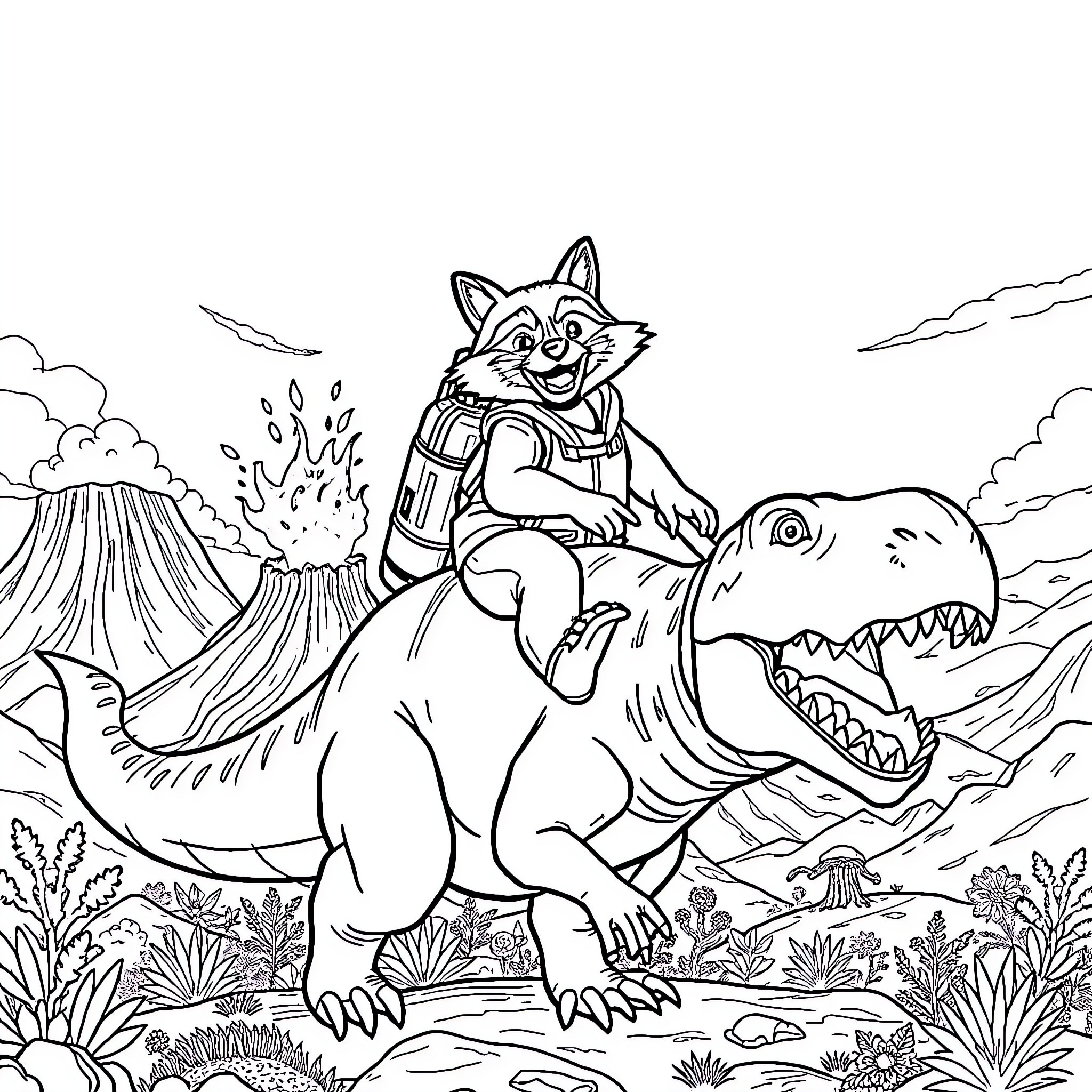 Raccoon riding a dinosaur in an adventurous landscape Coloring Page (free black-and-white line drawing printable PDF for all, from beginners to advanced learners, including children, teens, adults, and seniors)