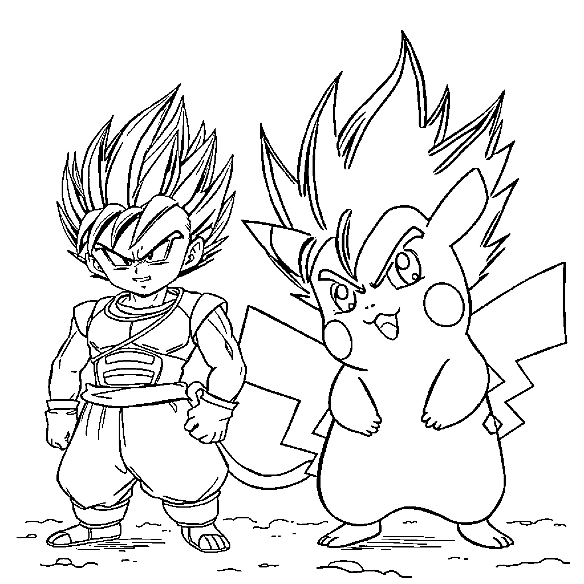Pikachu and Saiyan Warrior in Playful Encounter Coloring Page (free black-and-white line drawing printable PDF for all, from beginners to advanced learners, including children, teens, adults, and seniors)