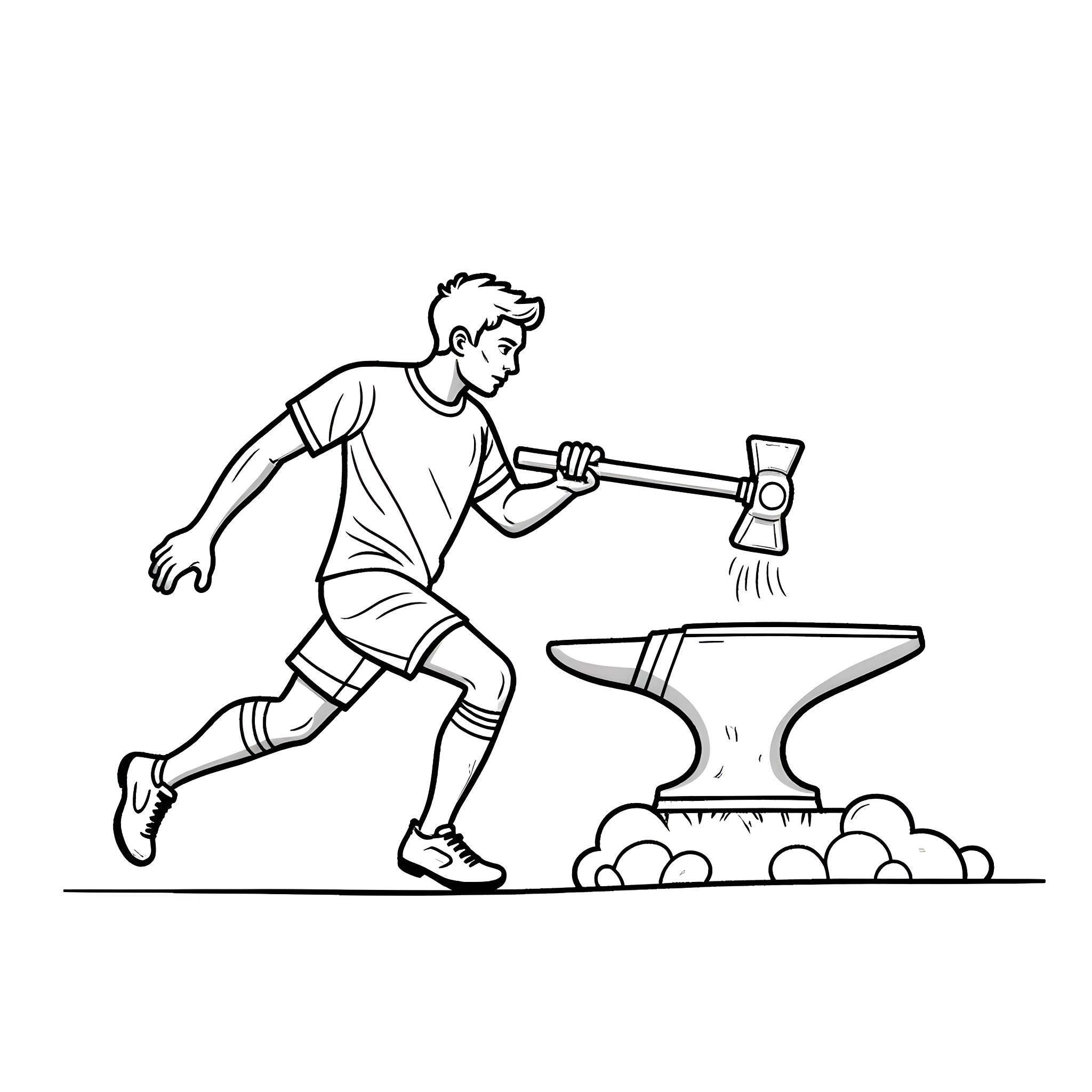 Soccer Player Hammering Away on Anvil with Mallet Coloring Page (free black-and-white line drawing printable PDF for all, from beginners to advanced learners, including children, teens, adults, and seniors)