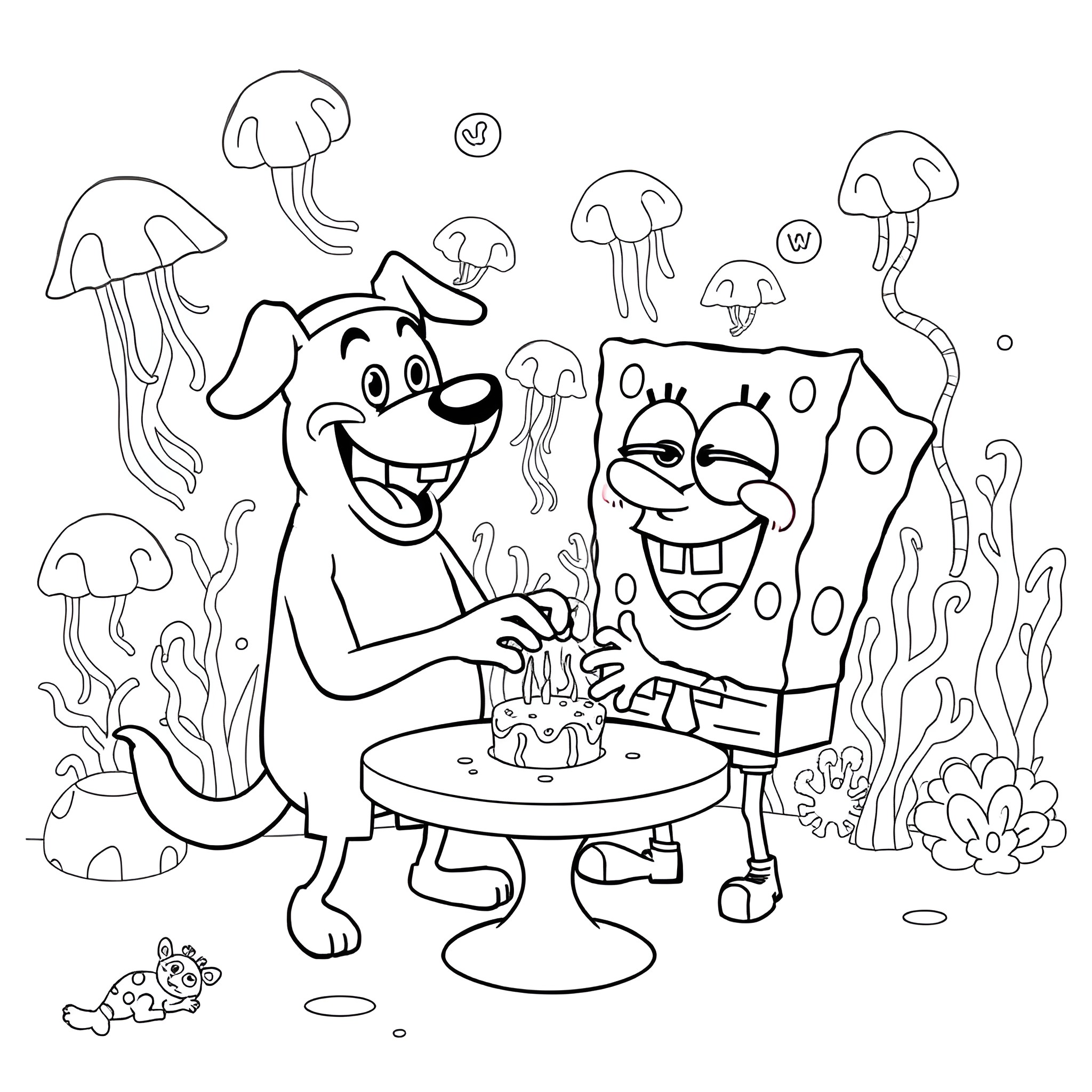 Dogman enjoying a mushroom feast with jellyfish companions Coloring Page (free black-and-white line drawing printable PDF for all, from beginners to advanced learners, including children, teens, adults, and seniors)