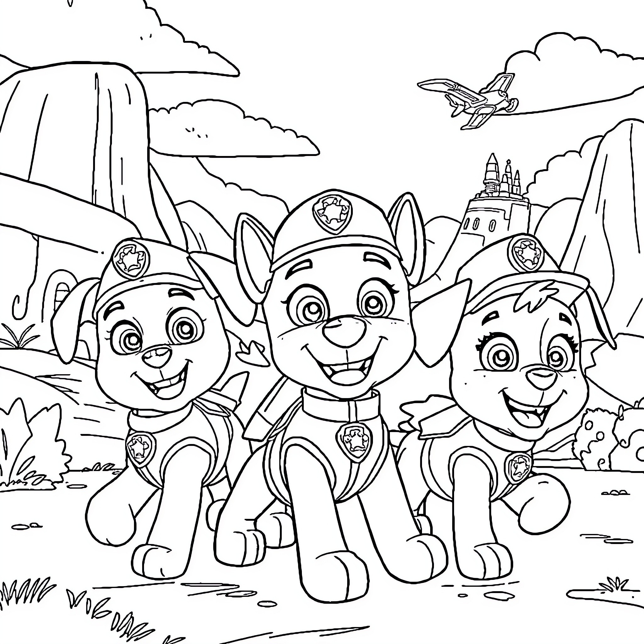 Paw Patrol: The Adventure Team's Outdoor Exploration Coloring Page (free black-and-white line drawing printable PDF for all, from beginners to advanced learners, including children, teens, adults, and seniors)