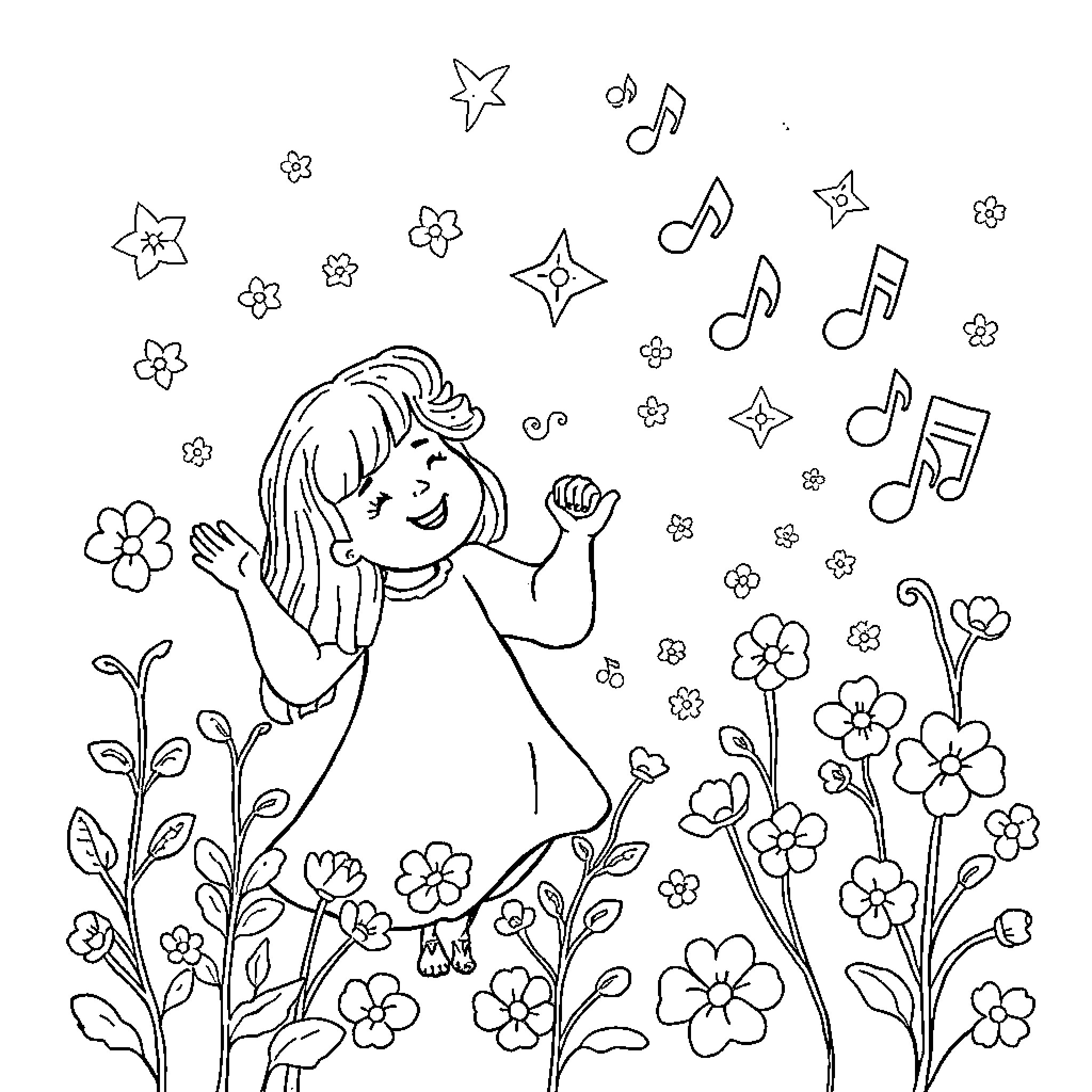 Tralalero Girl dancing joyfully amidst flowers and music notes Coloring Page (free black-and-white line drawing printable PDF for all, from beginners to advanced learners, including children, teens, adults, and seniors)