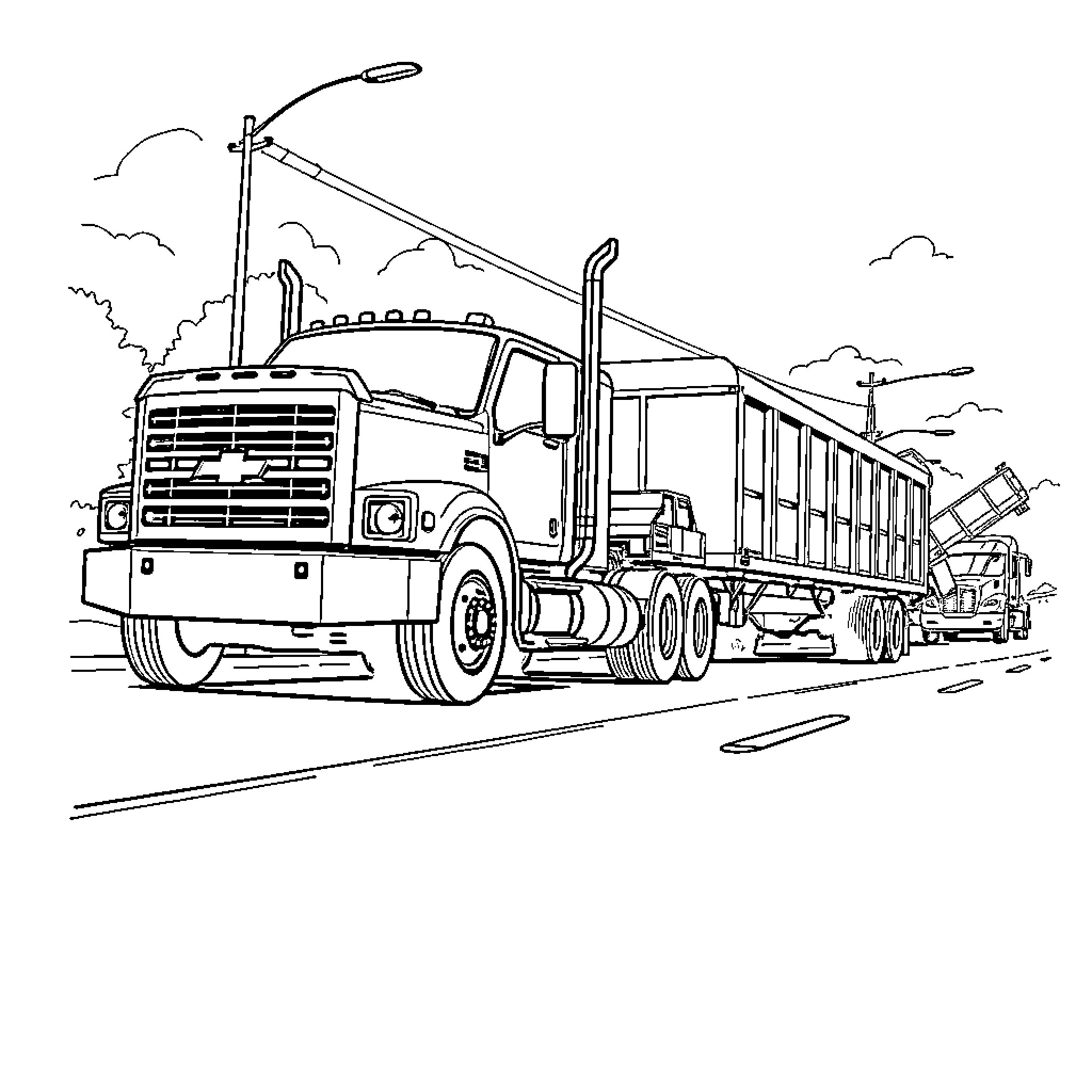 Chevrolet Truck Hauling Heavy Load on the Road Coloring Page (free black-and-white line drawing printable PDF for all, from beginners to advanced learners, including children, teens, adults, and seniors)