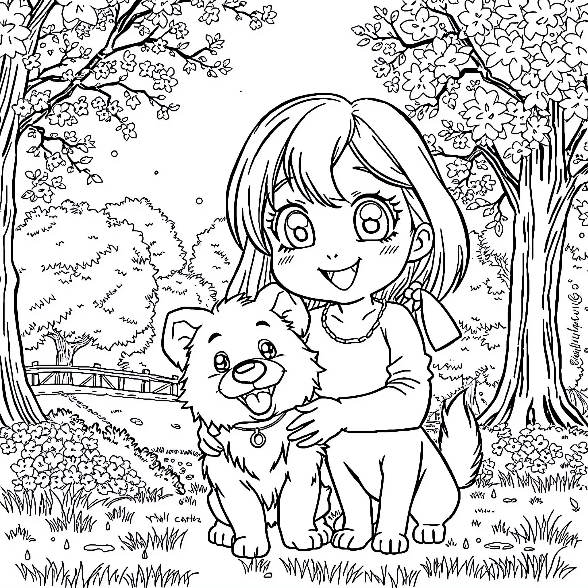Manga Girl Embracing Adorable Puppy in Serene Nature Coloring Page (free black-and-white line drawing printable PDF for all, from beginners to advanced learners, including children, teens, adults, and seniors)