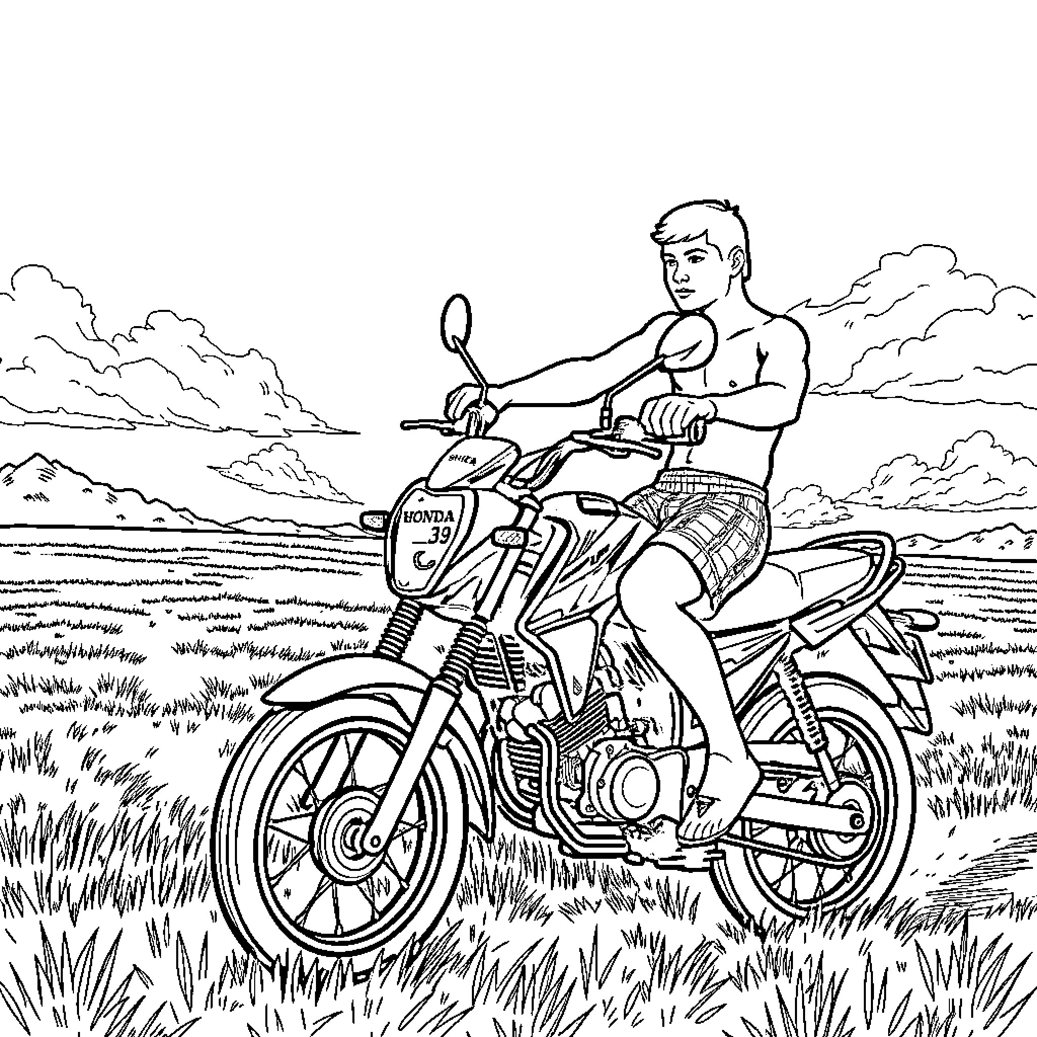 Kid riding a motorcycle on a grassy field Coloring Page (free black-and-white line drawing printable PDF for all, from beginners to advanced learners, including children, teens, adults, and seniors)