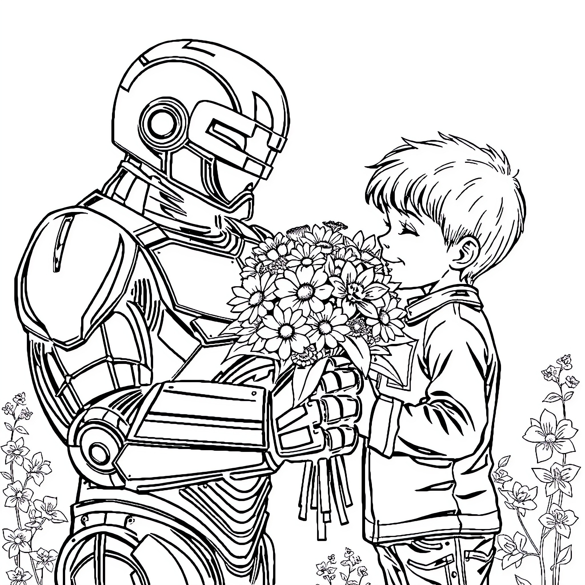 Robocop offering flowers to a young boy Coloring Page (free black-and-white line drawing printable PDF for all, from beginners to advanced learners, including children, teens, adults, and seniors)