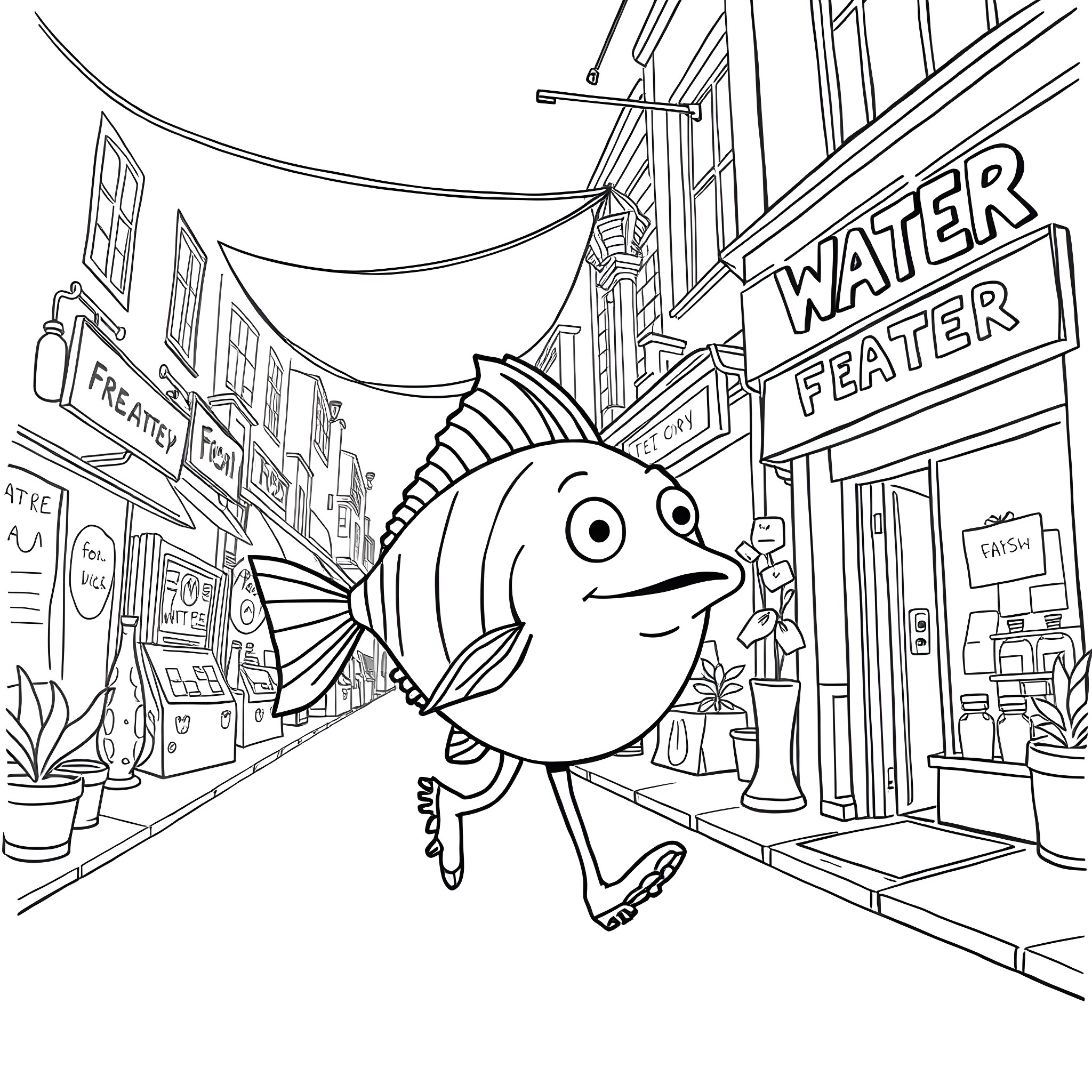 Fish exploring a bustling city street Coloring Page (free black-and-white line drawing printable PDF for all, from beginners to advanced learners, including children, teens, adults, and seniors)