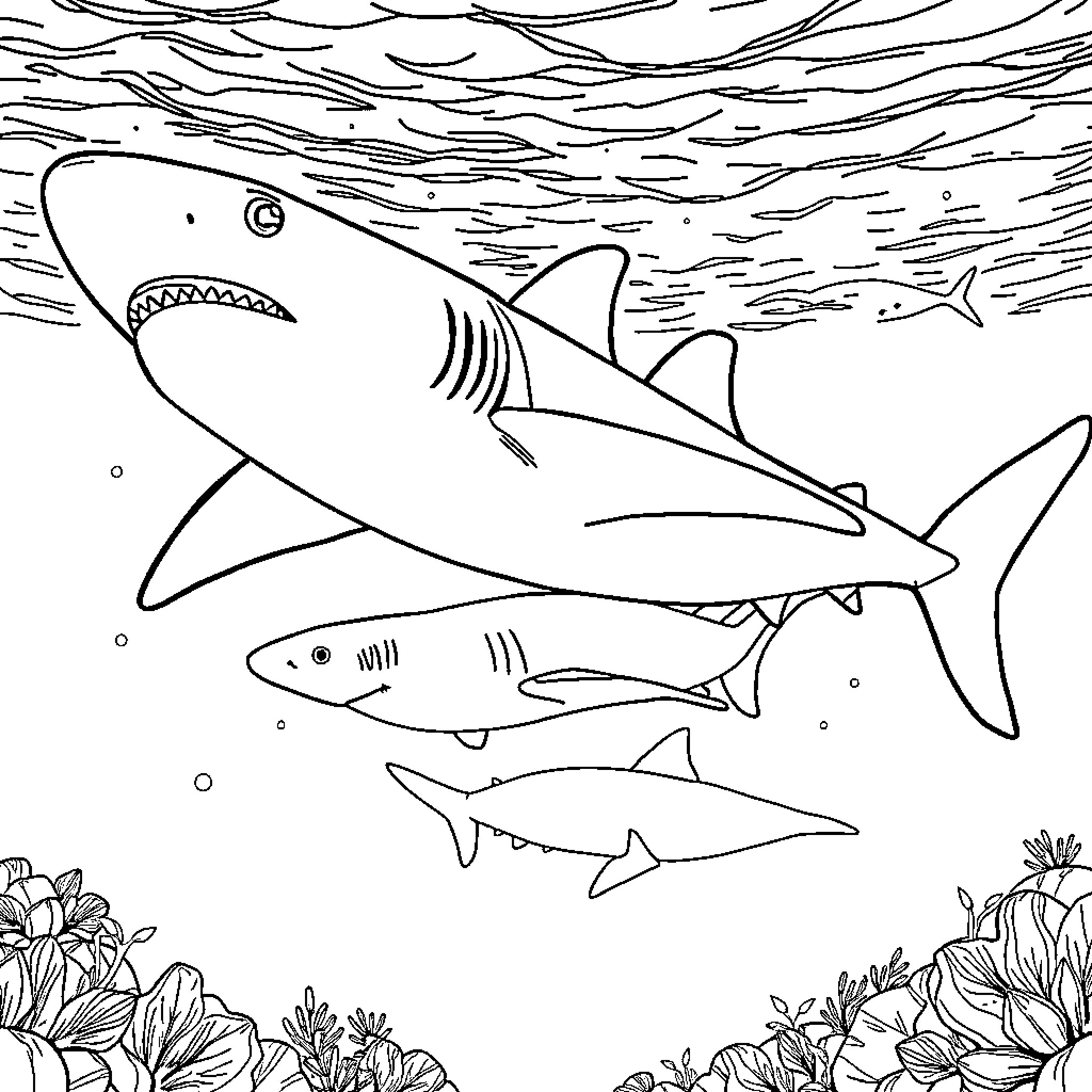 Shark swimming with smaller sharks in the ocean Coloring Page (free black-and-white line drawing printable PDF for all, from beginners to advanced learners, including children, teens, adults, and seniors)