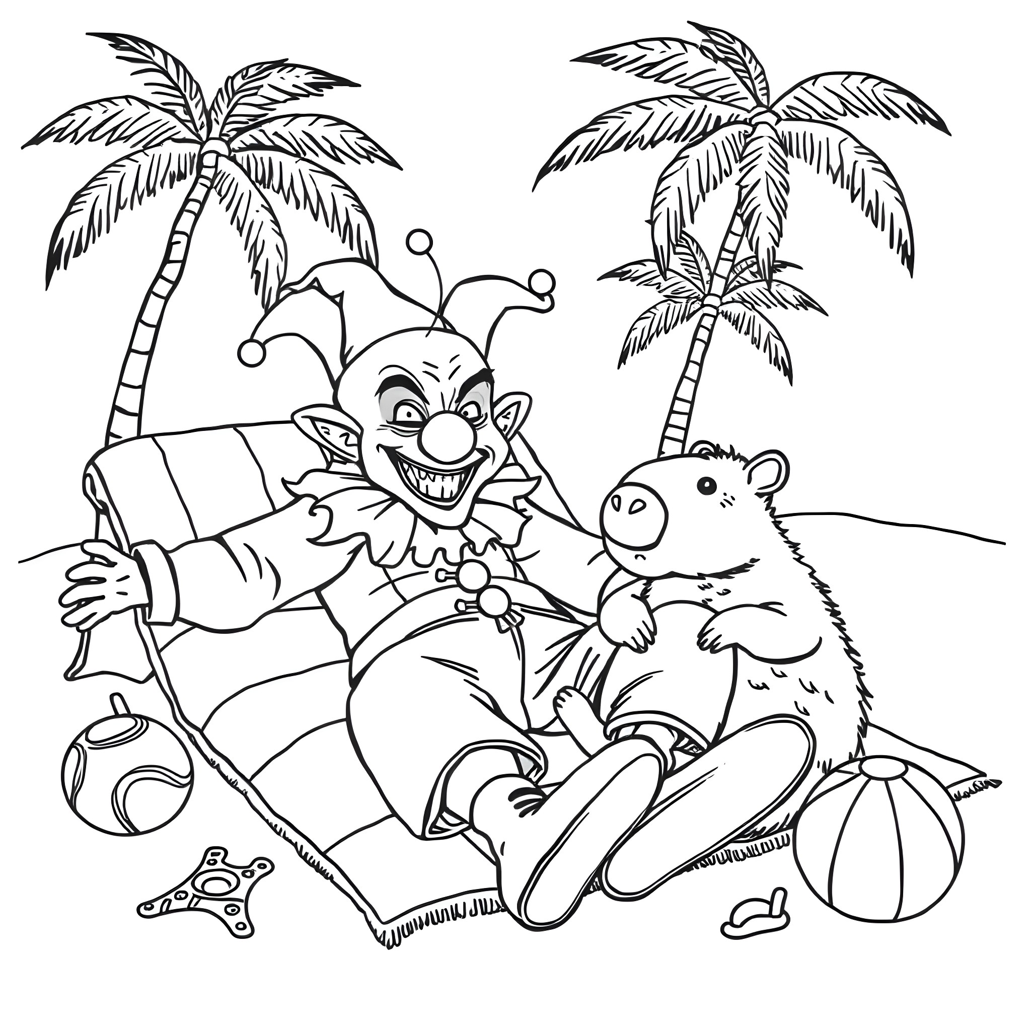 Clown enjoying a tropical beach vacation with animal friends Coloring Page (free black-and-white line drawing printable PDF for all, from beginners to advanced learners, including children, teens, adults, and seniors)