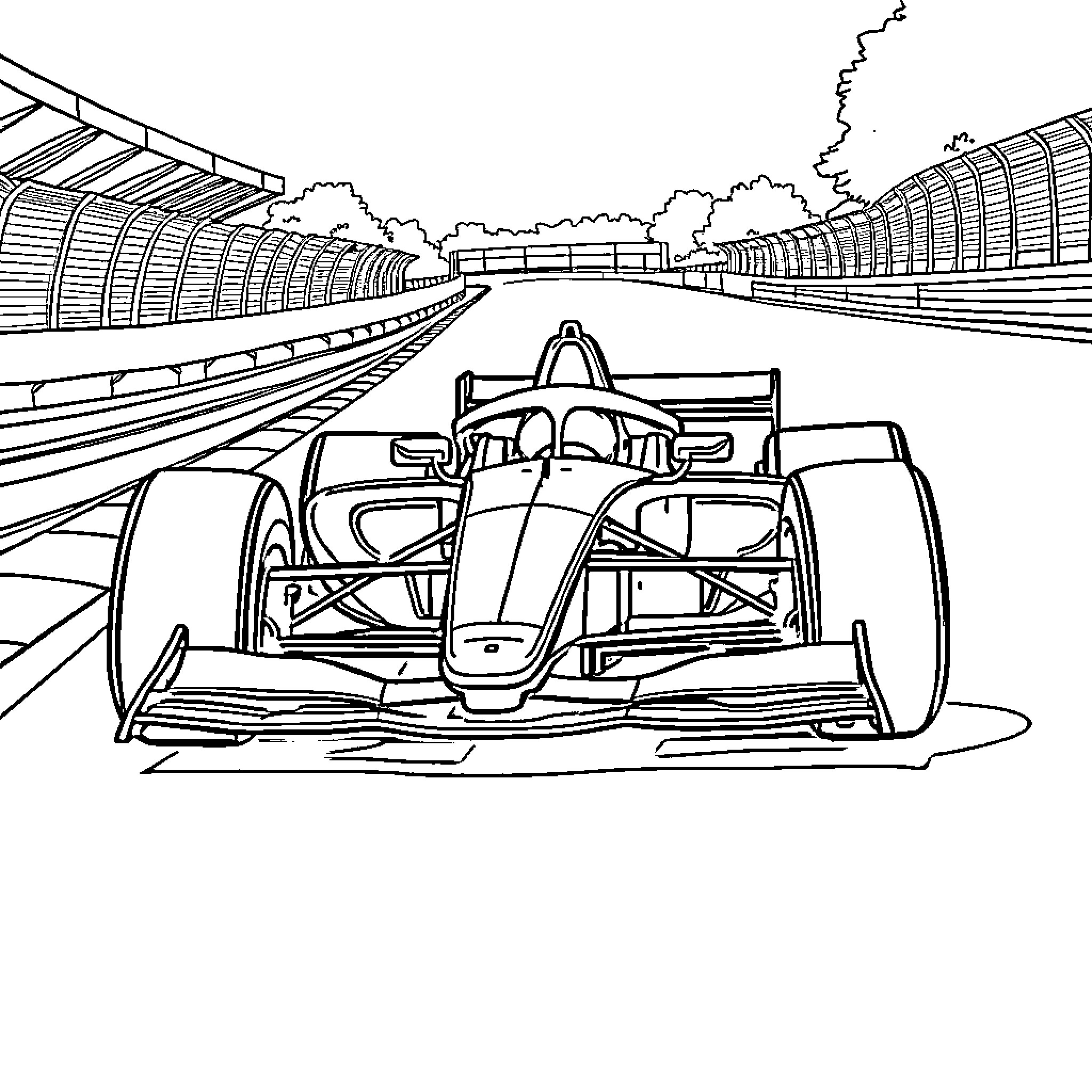 Car speeding on a race track Coloring Page (free black-and-white line drawing printable PDF for all, from beginners to advanced learners, including children, teens, adults, and seniors)