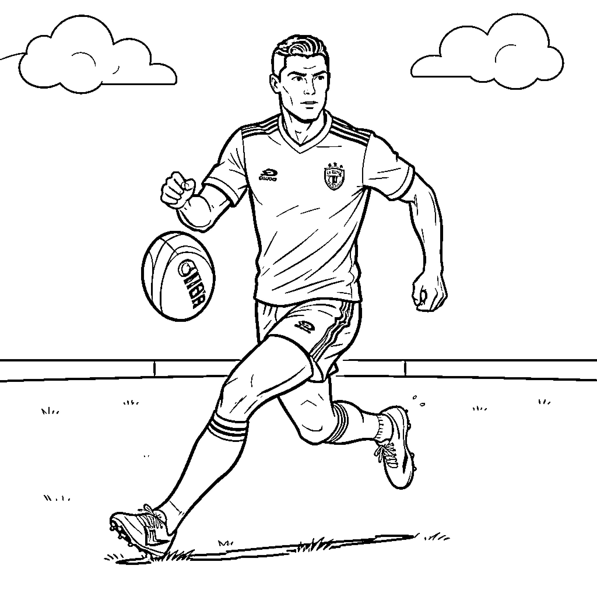 Ronaldo playing soccer on field with clouds Coloring Page (free black-and-white line drawing printable PDF for all, from beginners to advanced learners, including children, teens, adults, and seniors)