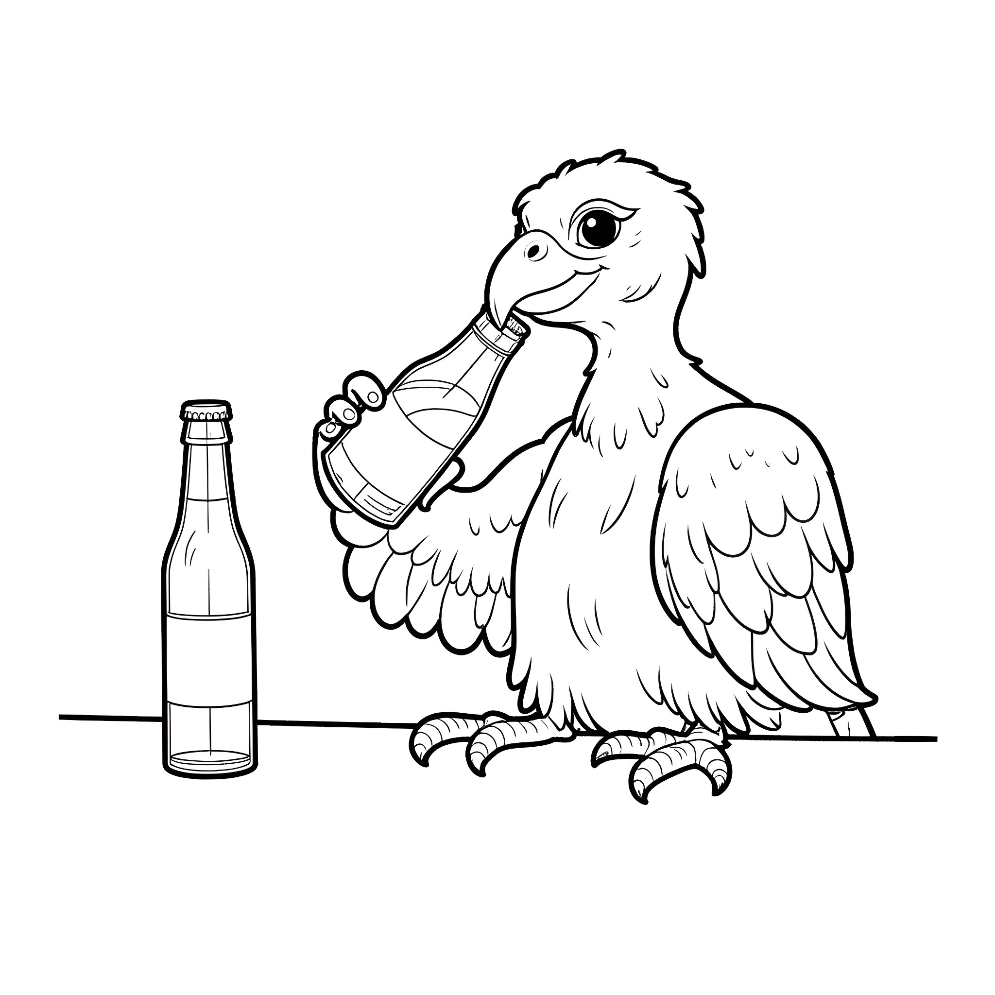 Vulture drinking soda and holding bottle Coloring Page (free black-and-white line drawing printable PDF for all, from beginners to advanced learners, including children, teens, adults, and seniors)