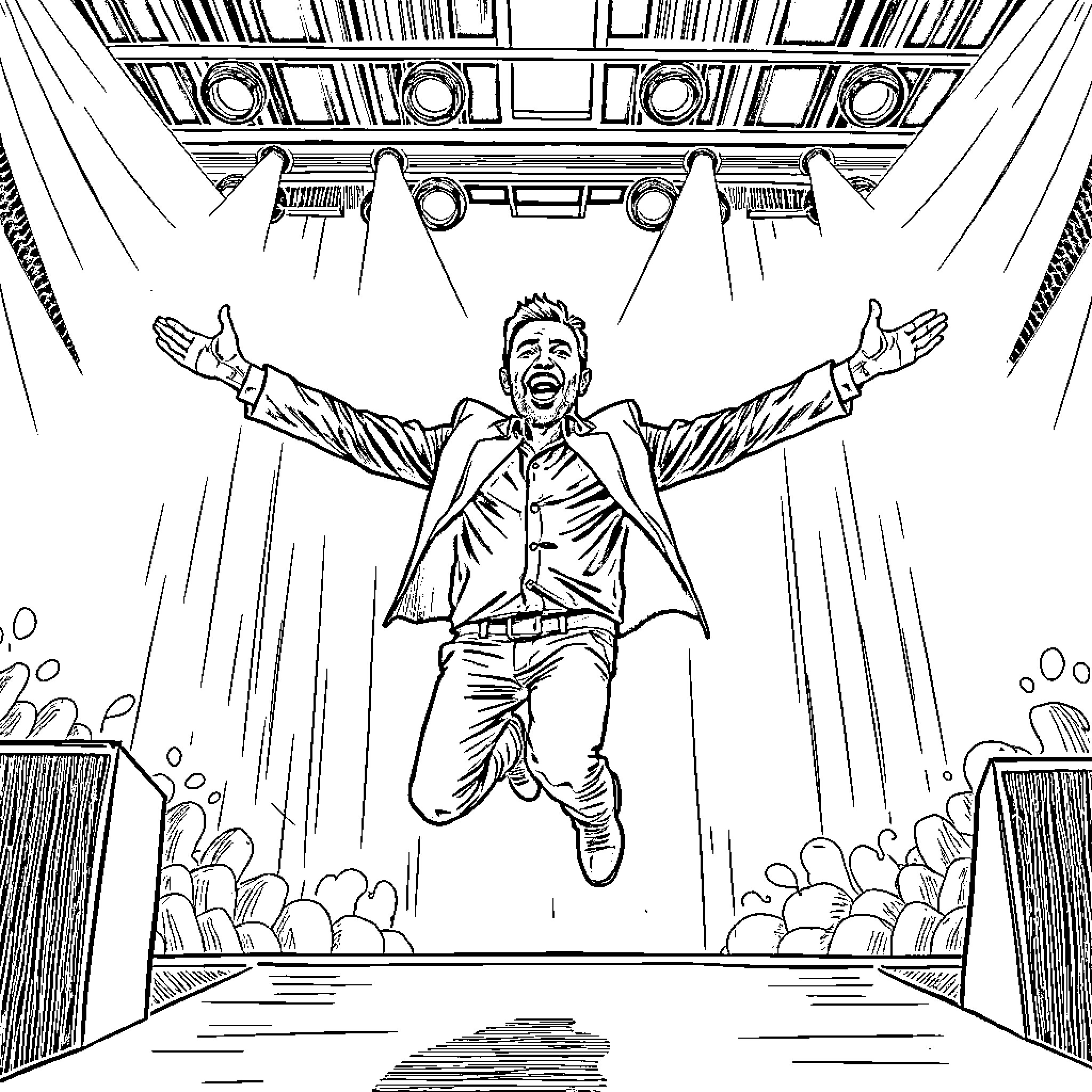 Gary Barlow's energetic stage performance Coloring Page (free black-and-white line drawing printable PDF for all, from beginners to advanced learners, including children, teens, adults, and seniors)