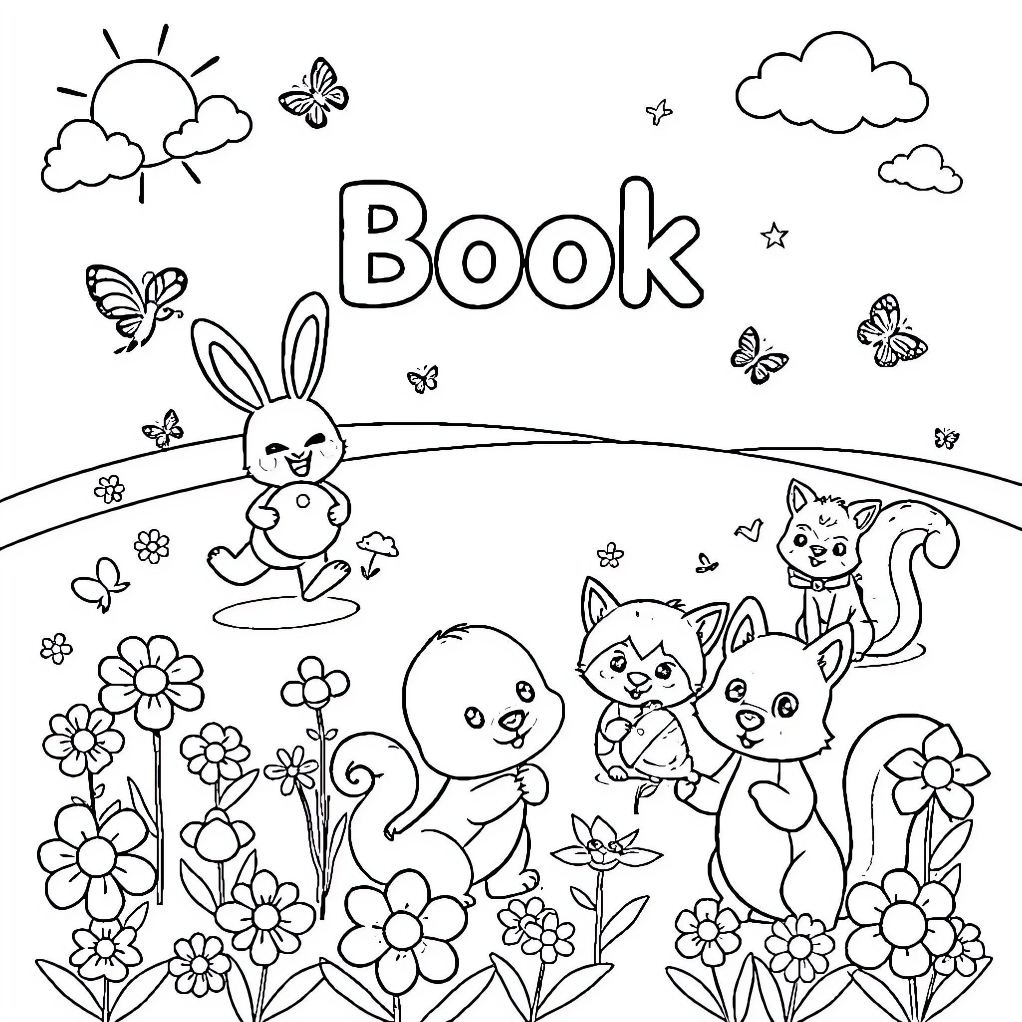 Animal friends in a blooming garden Coloring Page (free black-and-white line drawing printable PDF for all, from beginners to advanced learners, including children, teens, adults, and seniors)