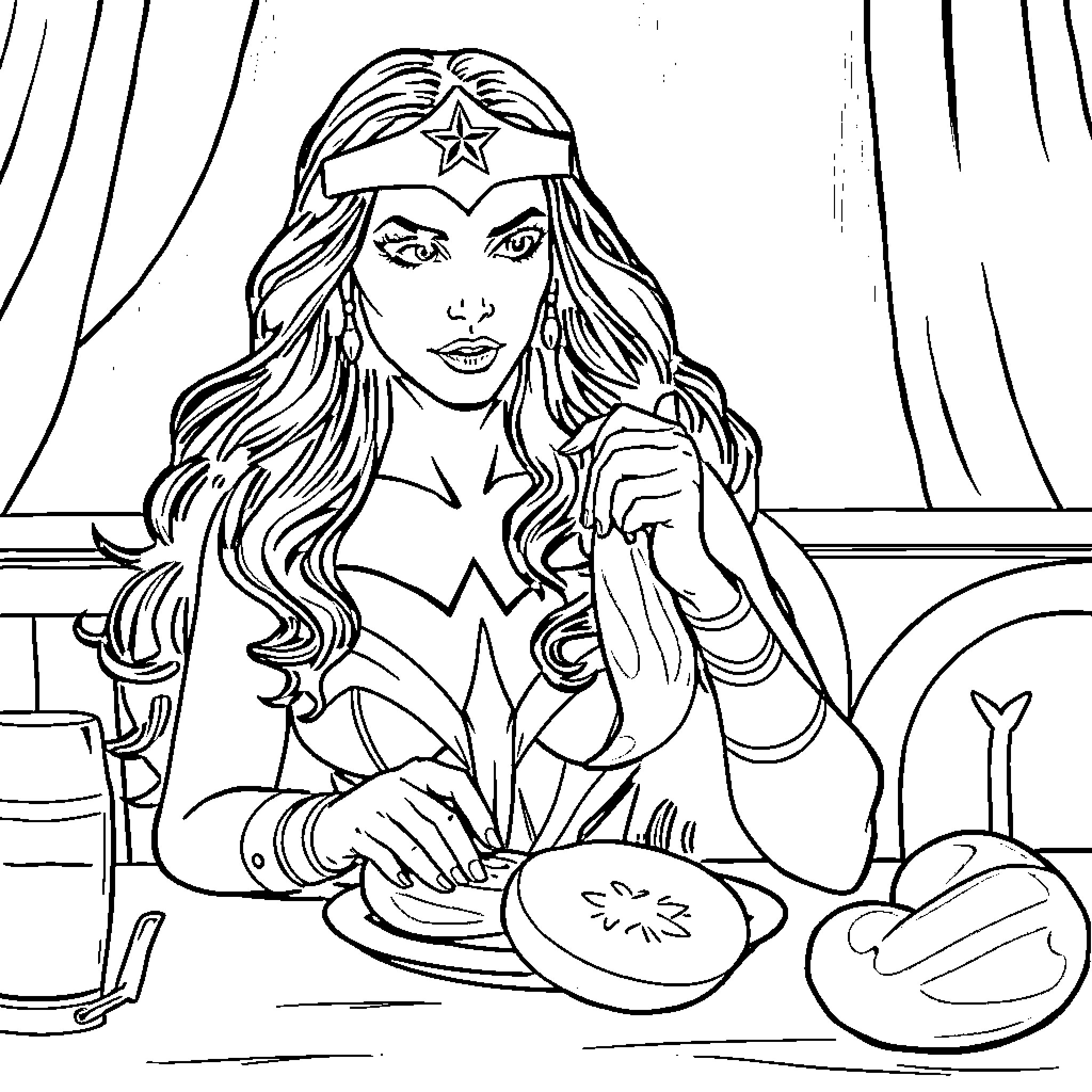 Wonder Woman enjoying a snack in her secret hideout Coloring Page (free black-and-white line drawing printable PDF for all, from beginners to advanced learners, including children, teens, adults, and seniors)