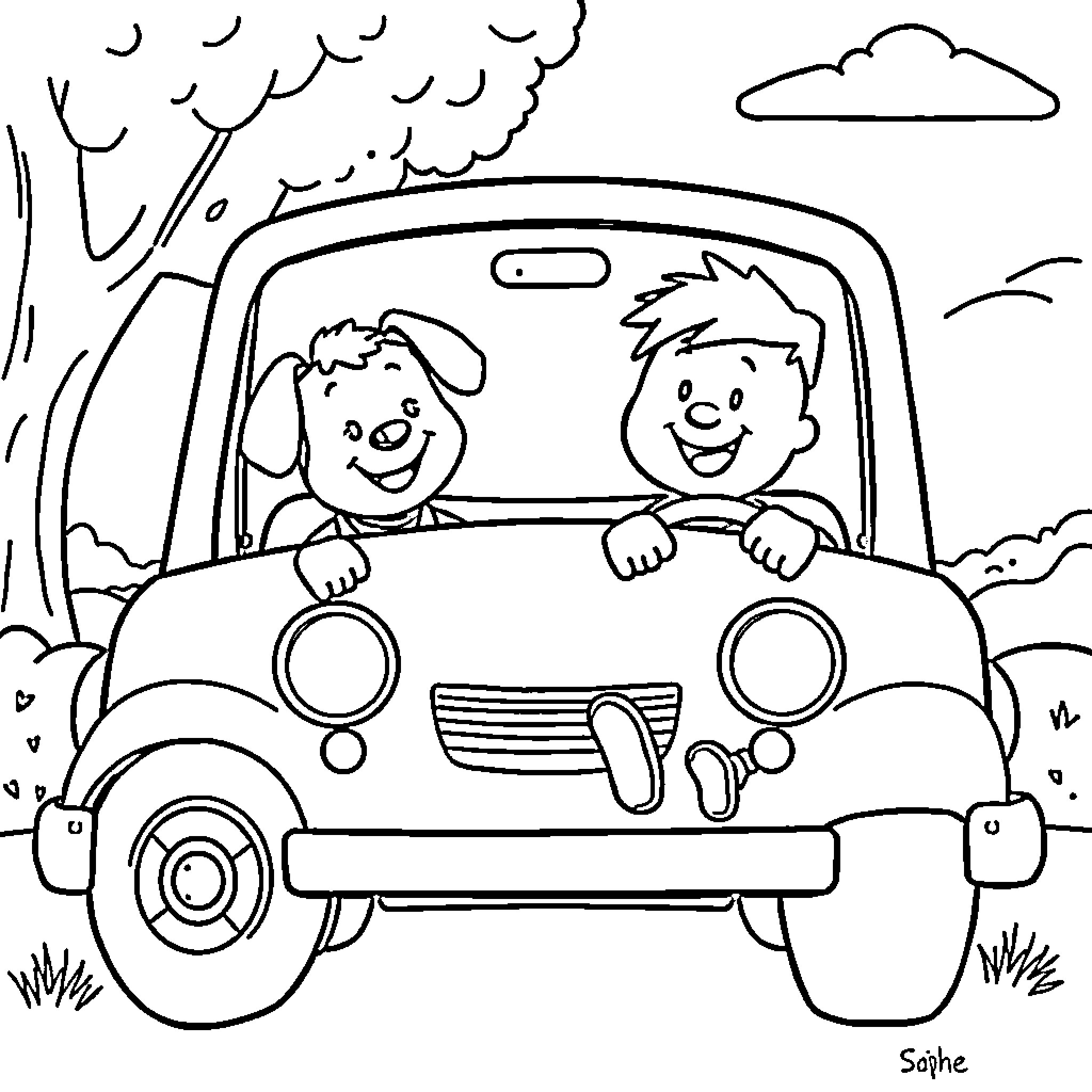 Bassie en Adriaan driving happily in their car Coloring Page (free black-and-white line drawing printable PDF for all, from beginners to advanced learners, including children, teens, adults, and seniors)