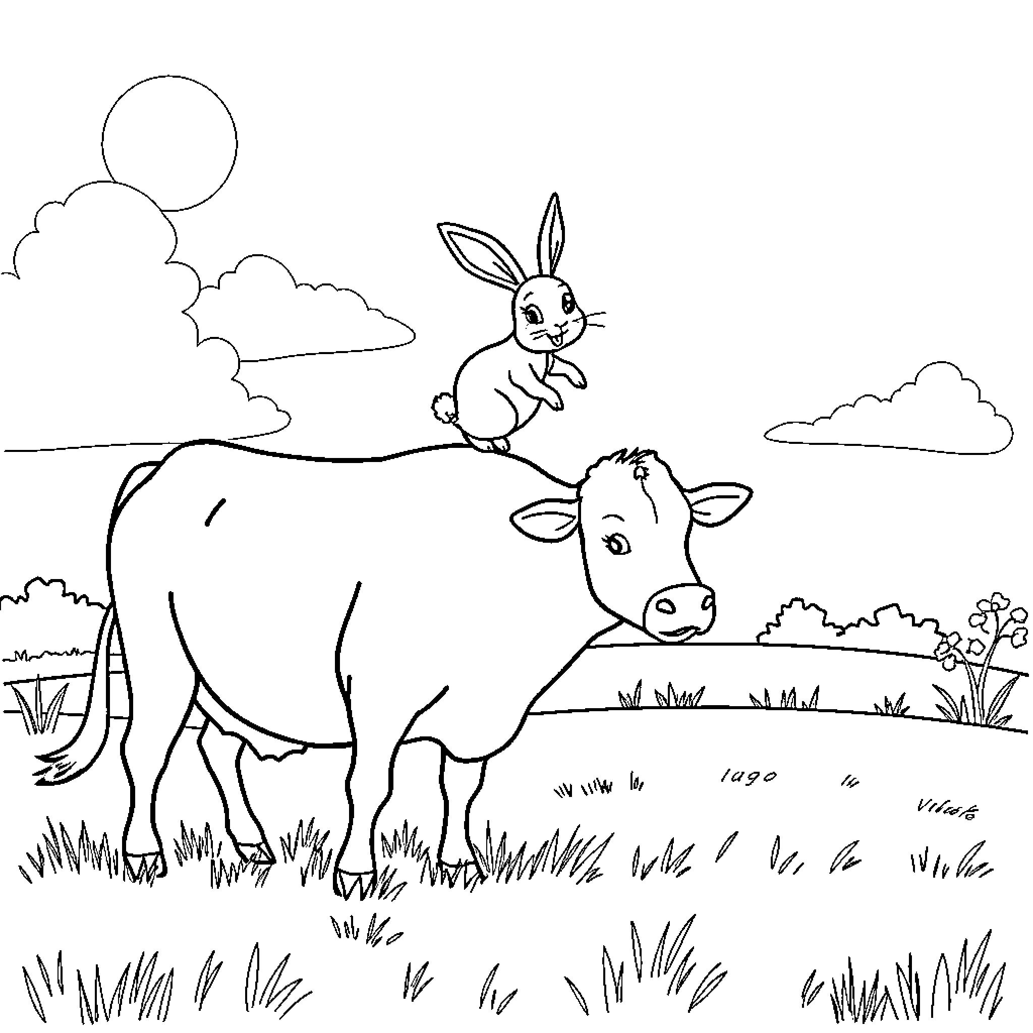 Rabbit hopping playfully near a cow in nature Coloring Page (free black-and-white line drawing printable PDF for all, from beginners to advanced learners, including children, teens, adults, and seniors)