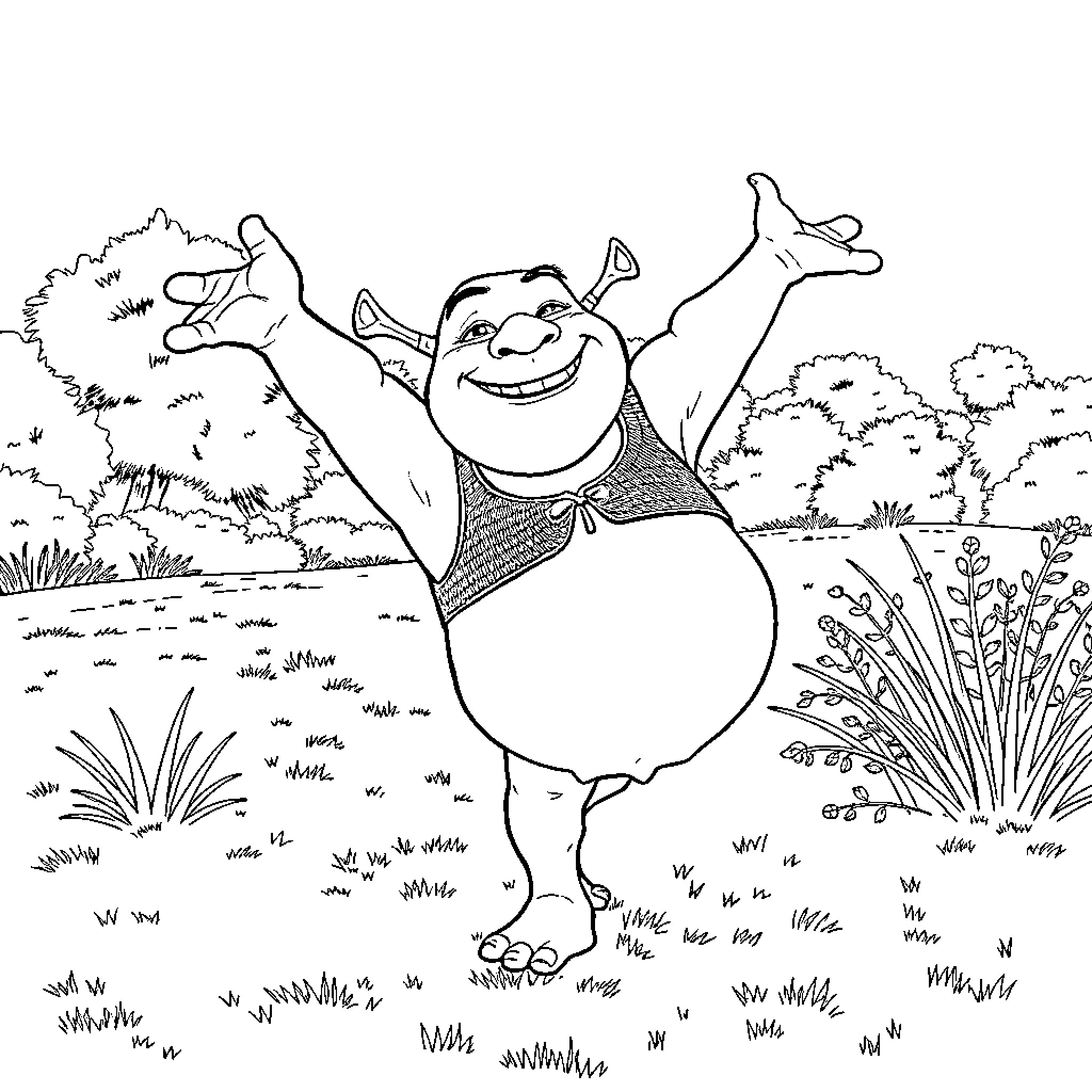 Shrek's joyous dance in the lush countryside Coloring Page (free black-and-white line drawing printable PDF for all, from beginners to advanced learners, including children, teens, adults, and seniors)