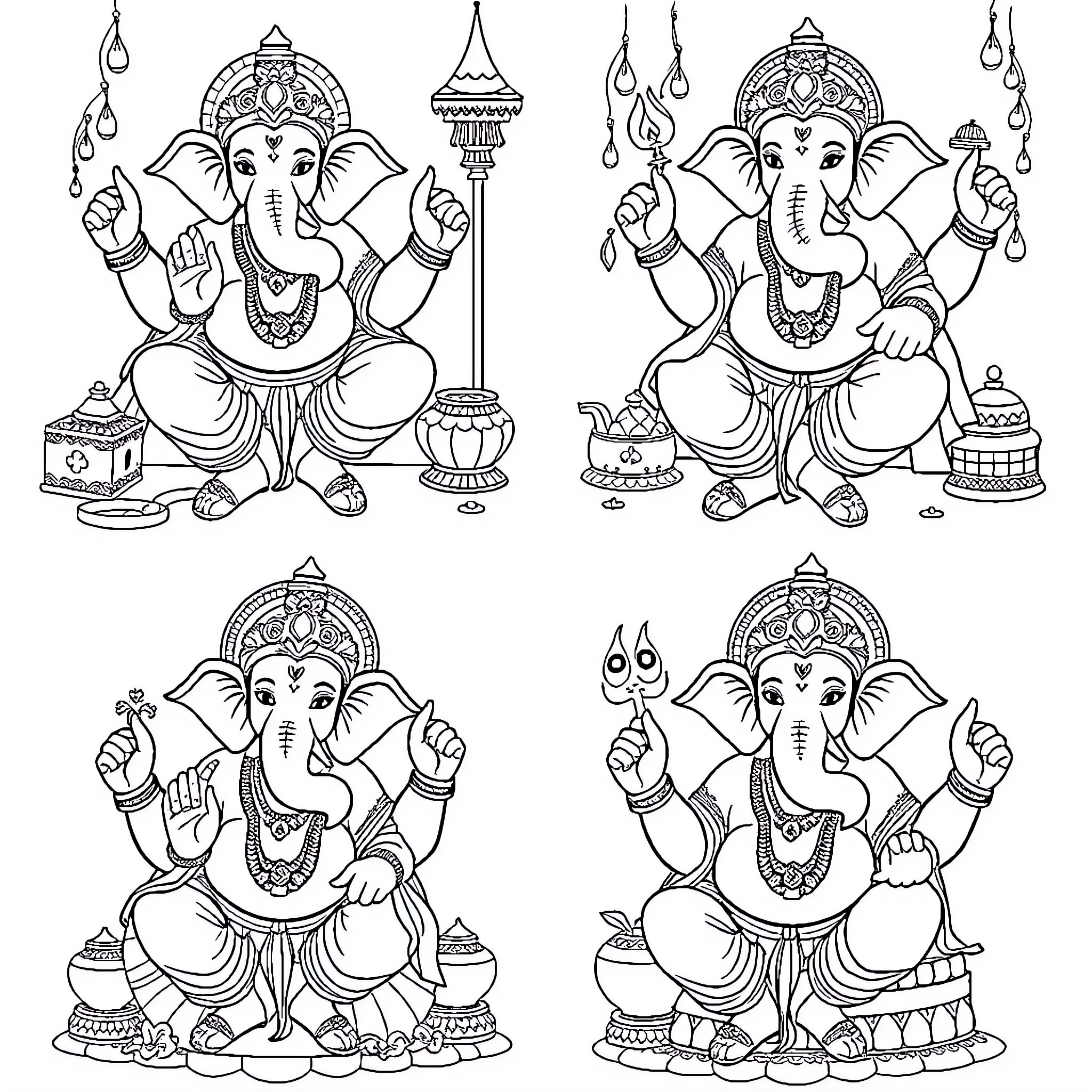 Ganesha in Various Devotional Poses Coloring Page (free black-and-white line drawing printable PDF for all, from beginners to advanced learners, including children, teens, adults, and seniors)