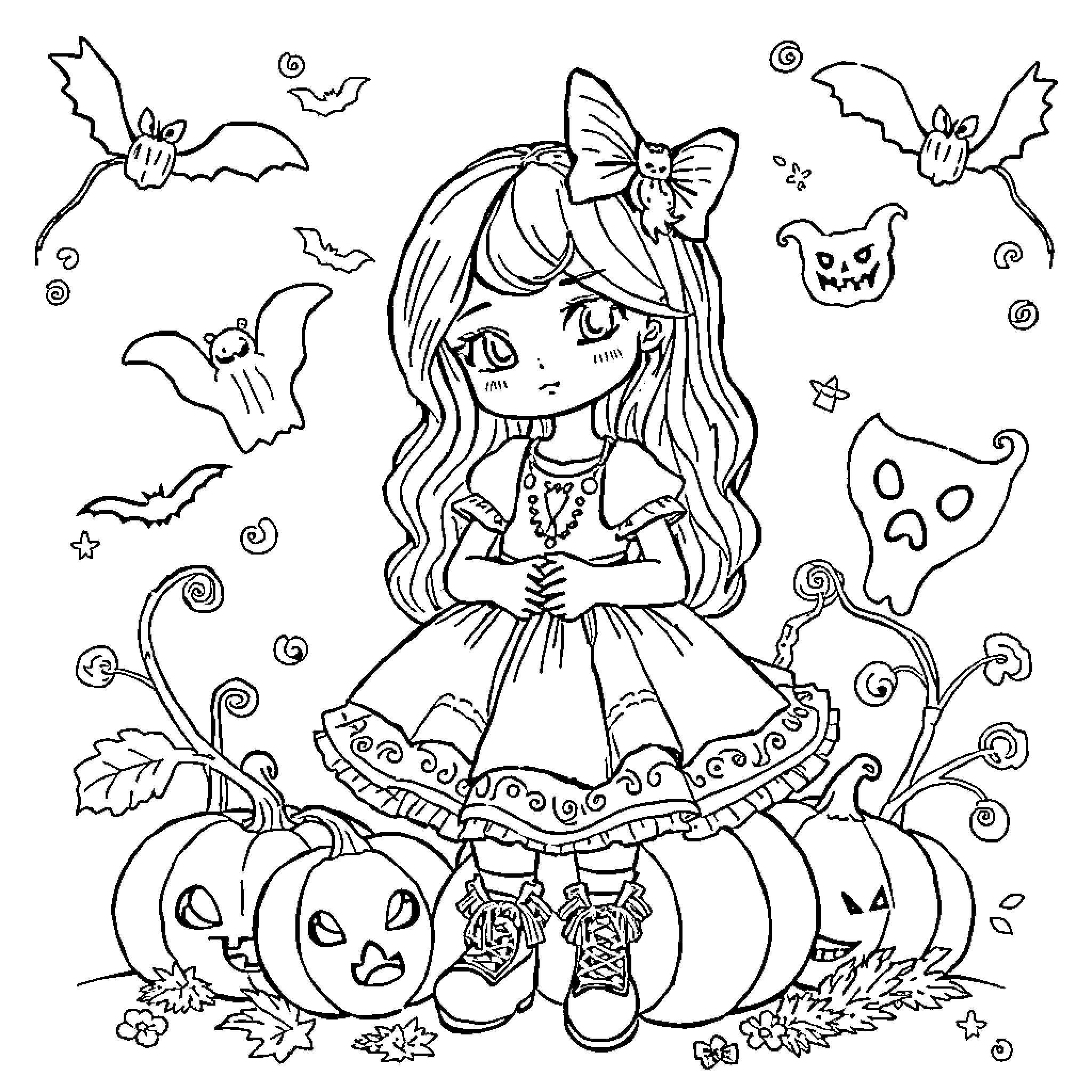 Marielita's Halloween Adventure with Pumpkins and Bats Coloring Page (free black-and-white line drawing printable PDF for all, from beginners to advanced learners, including children, teens, adults, and seniors)
