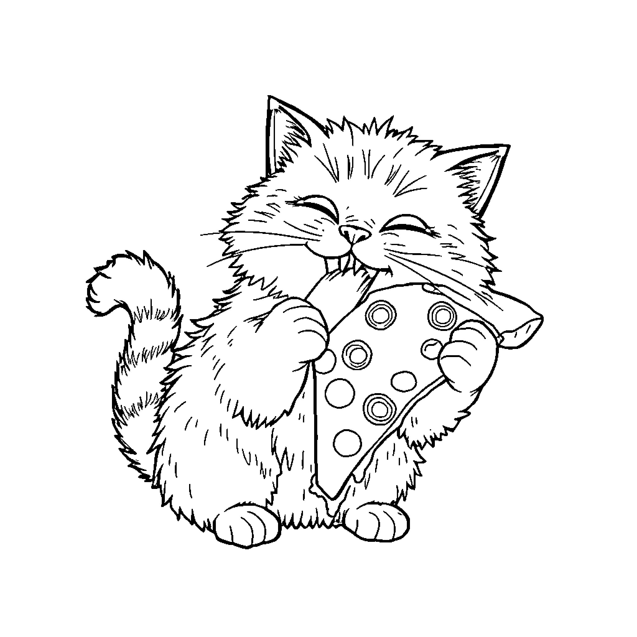Cat happily playing with spotted toy Coloring Page (free black-and-white line drawing printable PDF for all, from beginners to advanced learners, including children, teens, adults, and seniors)