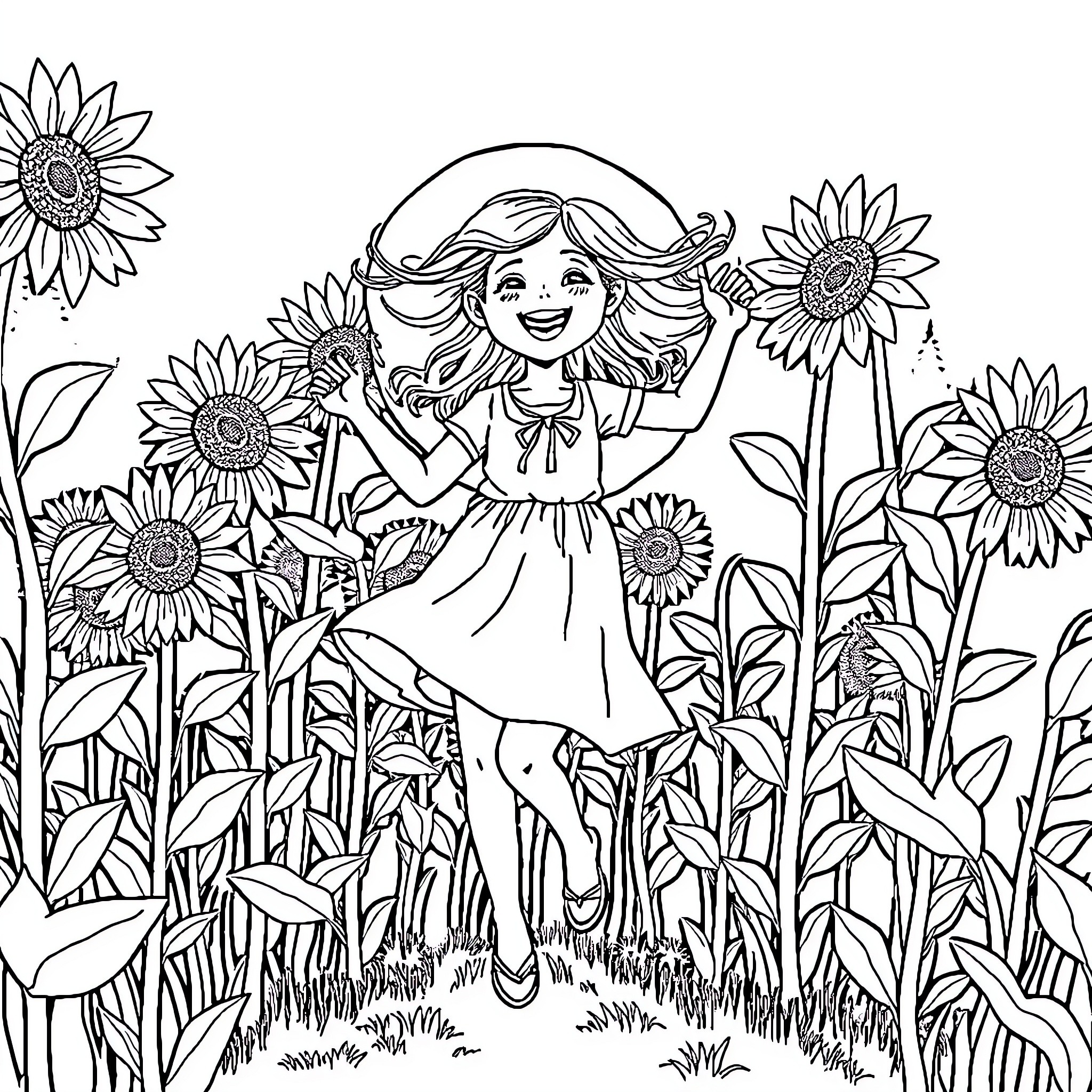 Girl dancing joyfully in sunflower field Coloring Page (free black-and-white line drawing printable PDF for all, from beginners to advanced learners, including children, teens, adults, and seniors)
