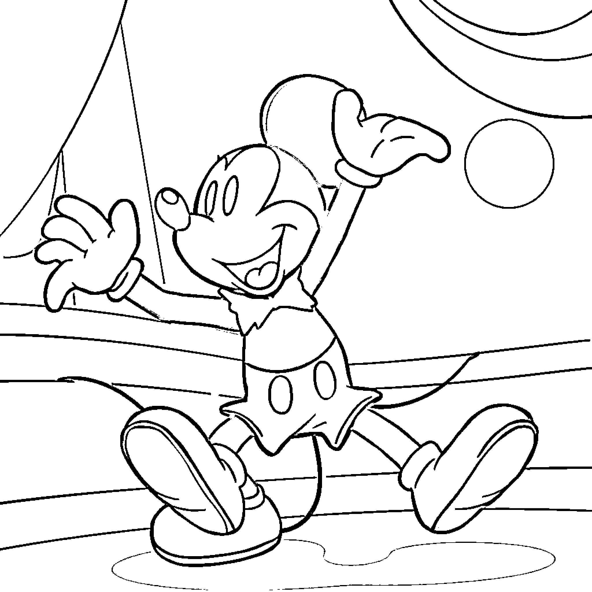 Mickey Mouse dancing and celebrating Coloring Page (free black-and-white line drawing printable PDF for all, from beginners to advanced learners, including children, teens, adults, and seniors)