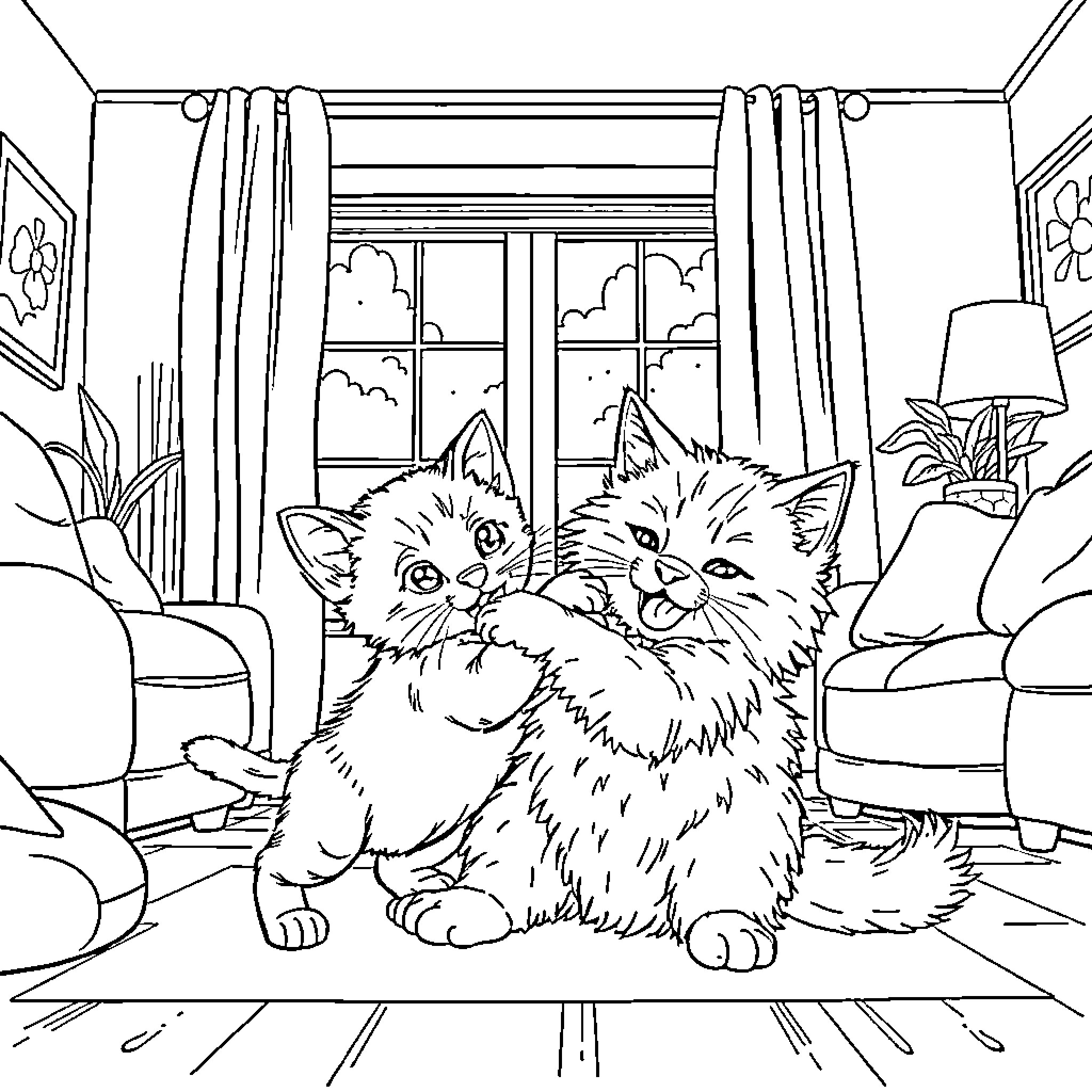 Kitten Playmates Cuddle in Cozy Living Room Coloring Page (free black-and-white line drawing printable PDF for all, from beginners to advanced learners, including children, teens, adults, and seniors)