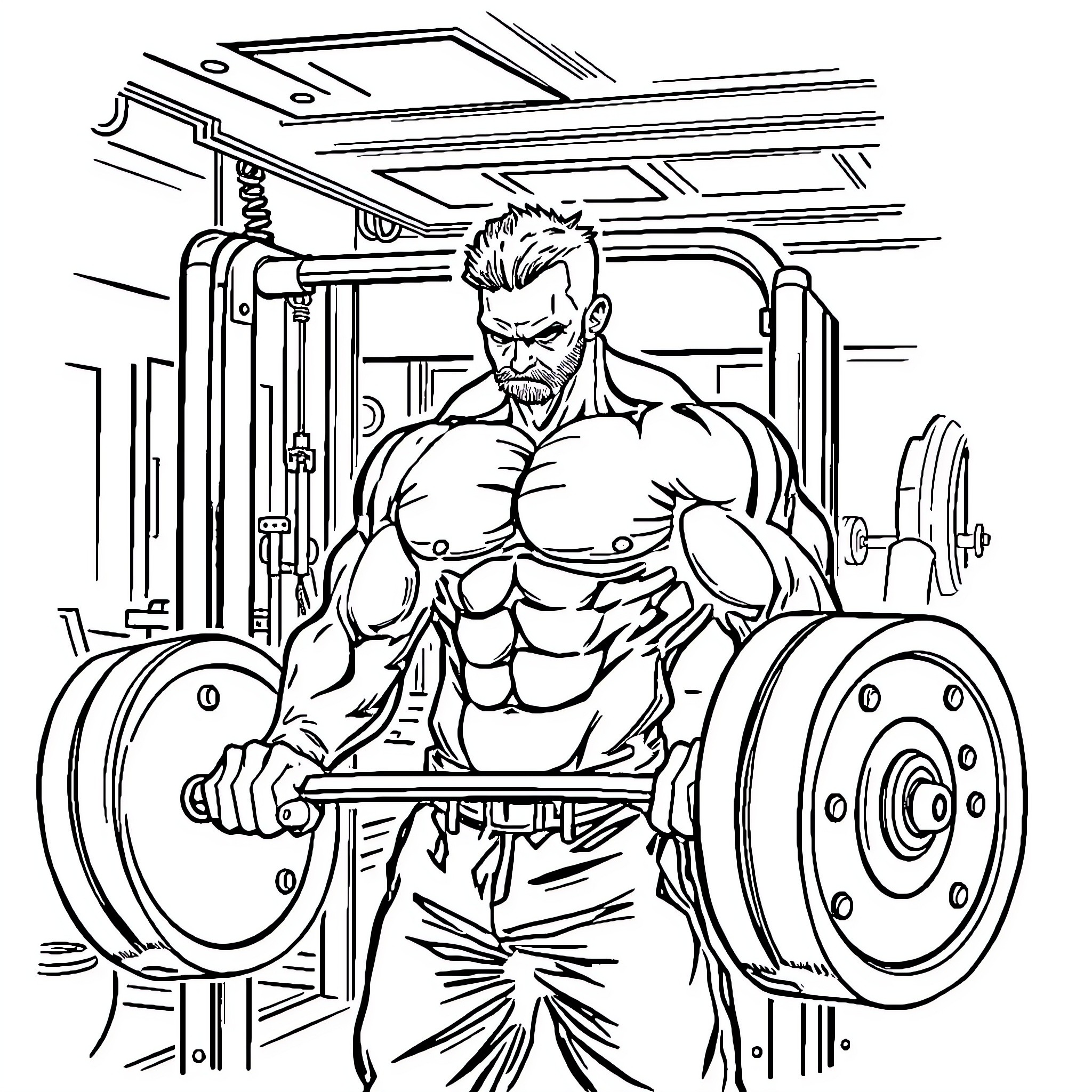 Guy Lifting Weights at the Gym Coloring Page (free black-and-white line drawing printable PDF for all, from beginners to advanced learners, including children, teens, adults, and seniors)