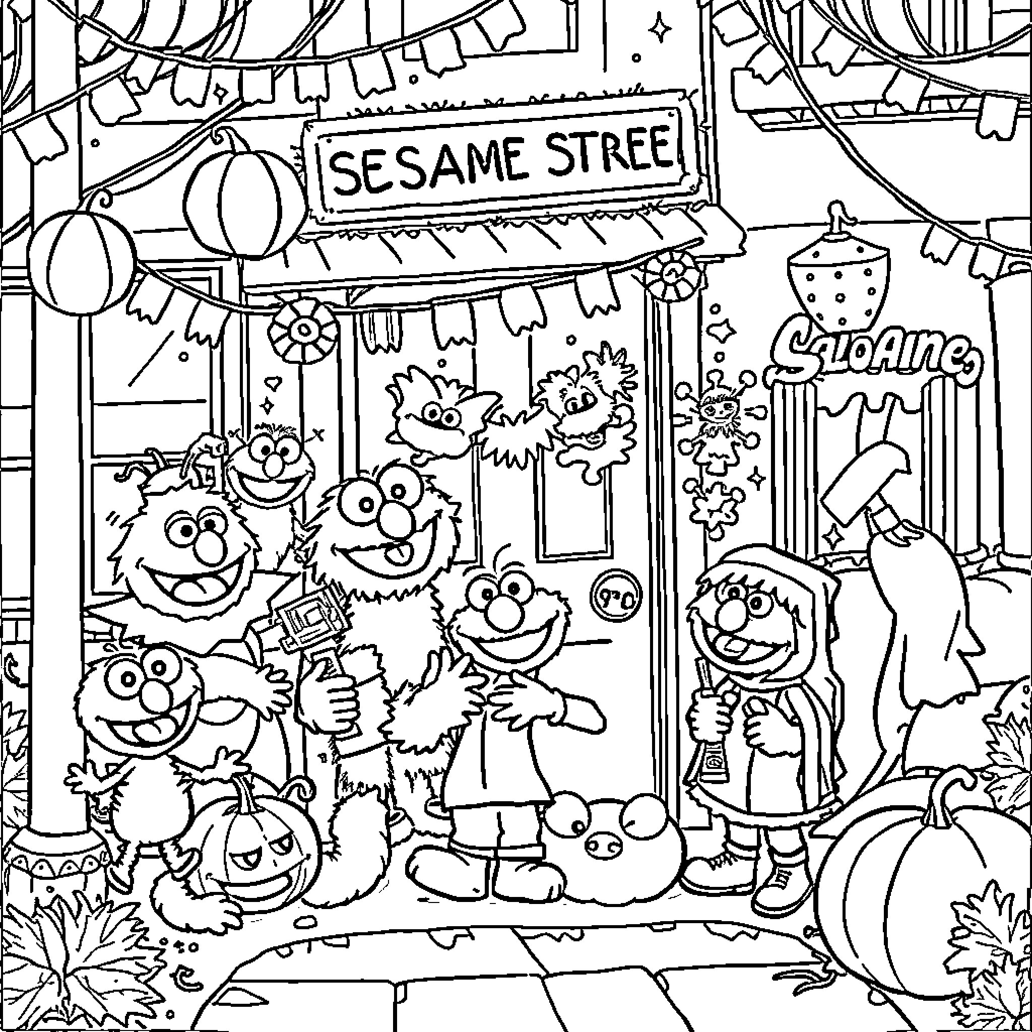 Sesame Street Characters Enjoying a Festive Scene Coloring Page (free black-and-white line drawing printable PDF for all, from beginners to advanced learners, including children, teens, adults, and seniors)