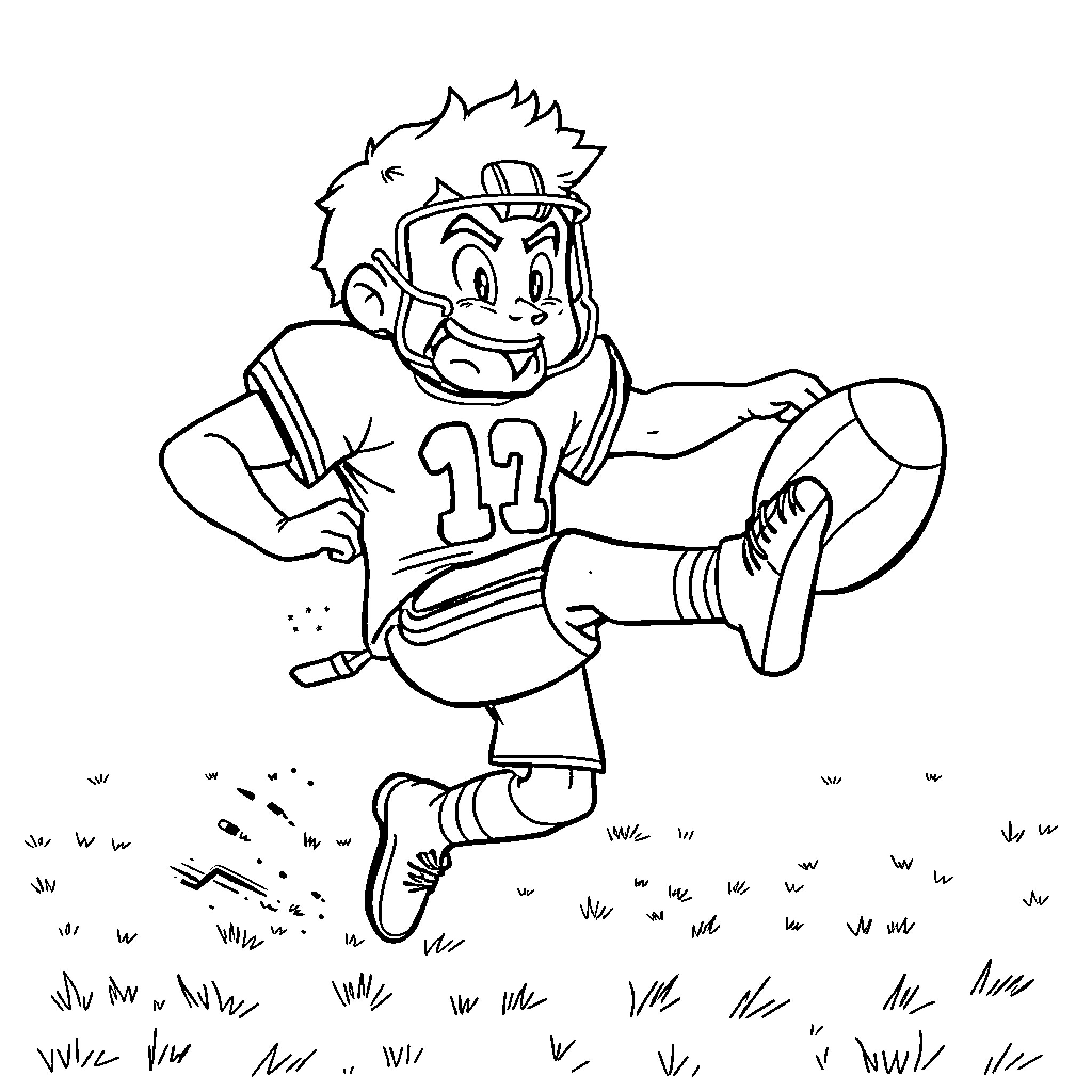 Carl kicking a football with a determined expression Coloring Page (free black-and-white line drawing printable PDF for all, from beginners to advanced learners, including children, teens, adults, and seniors)