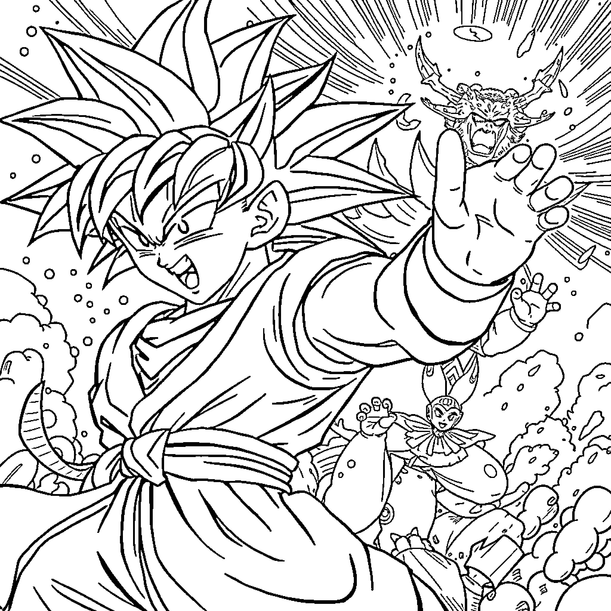Dragon Ball: Intense Battle of Powerful Fighters Coloring Page (free black-and-white line drawing printable PDF for all, from beginners to advanced learners, including children, teens, adults, and seniors)