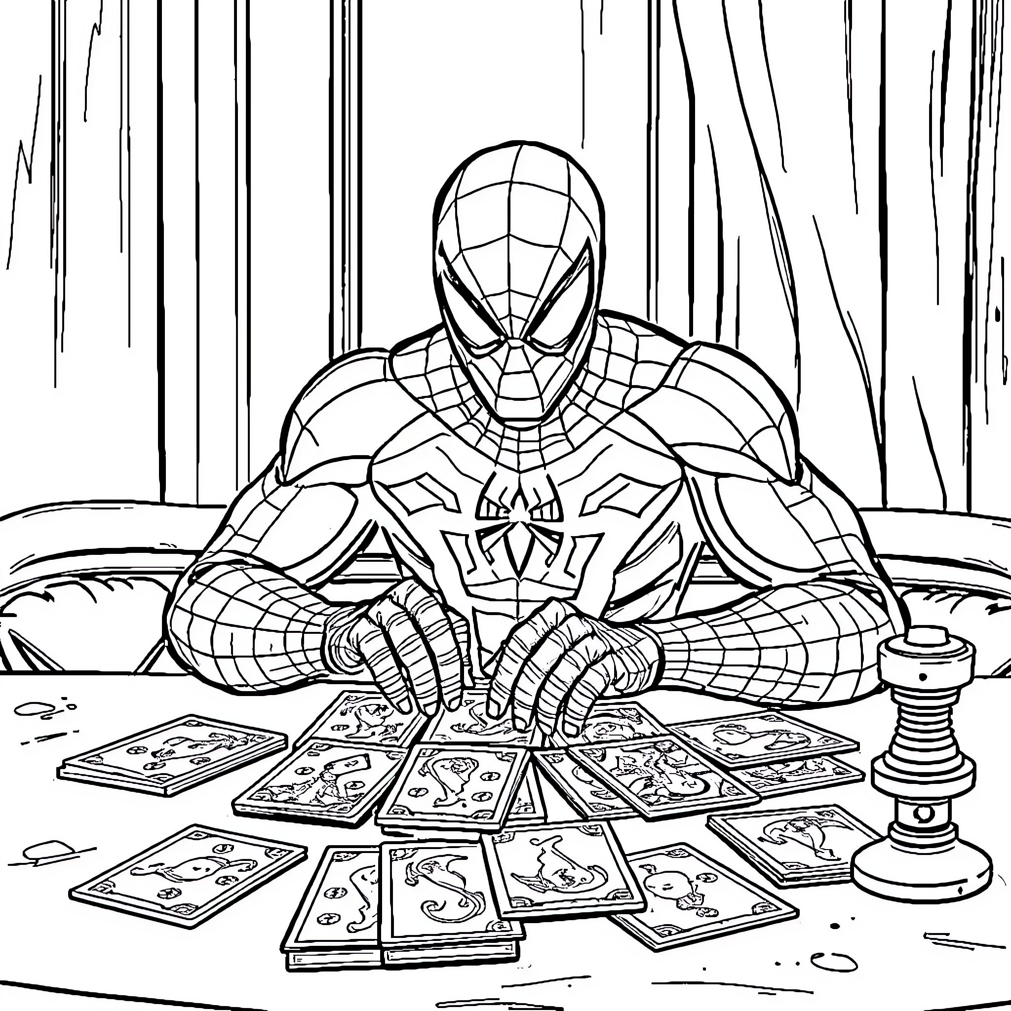 Spiderman Reading Tarot Cards in the Shadows Coloring Page (free black-and-white line drawing printable PDF for all, from beginners to advanced learners, including children, teens, adults, and seniors)