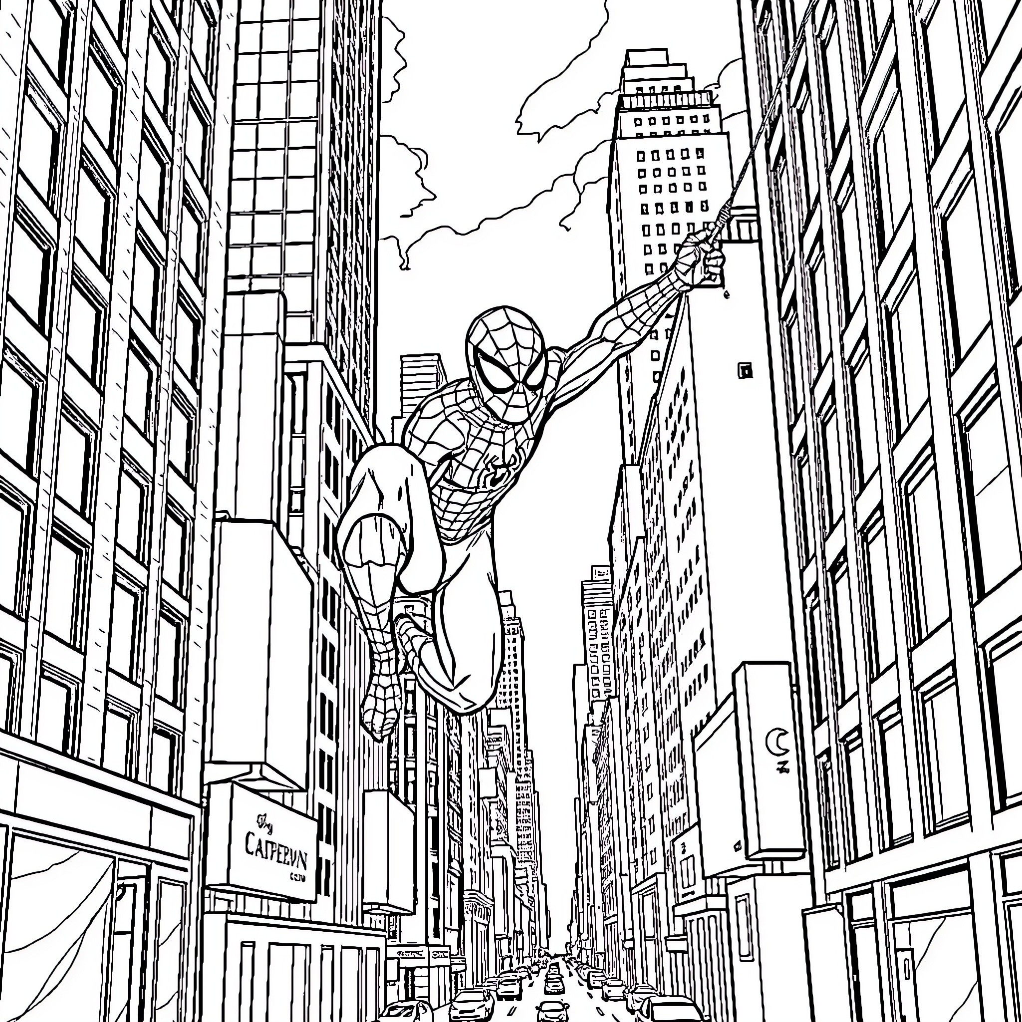 Spiderman swinging through the city streets Coloring Page (free black-and-white line drawing printable PDF for all, from beginners to advanced learners, including children, teens, adults, and seniors)