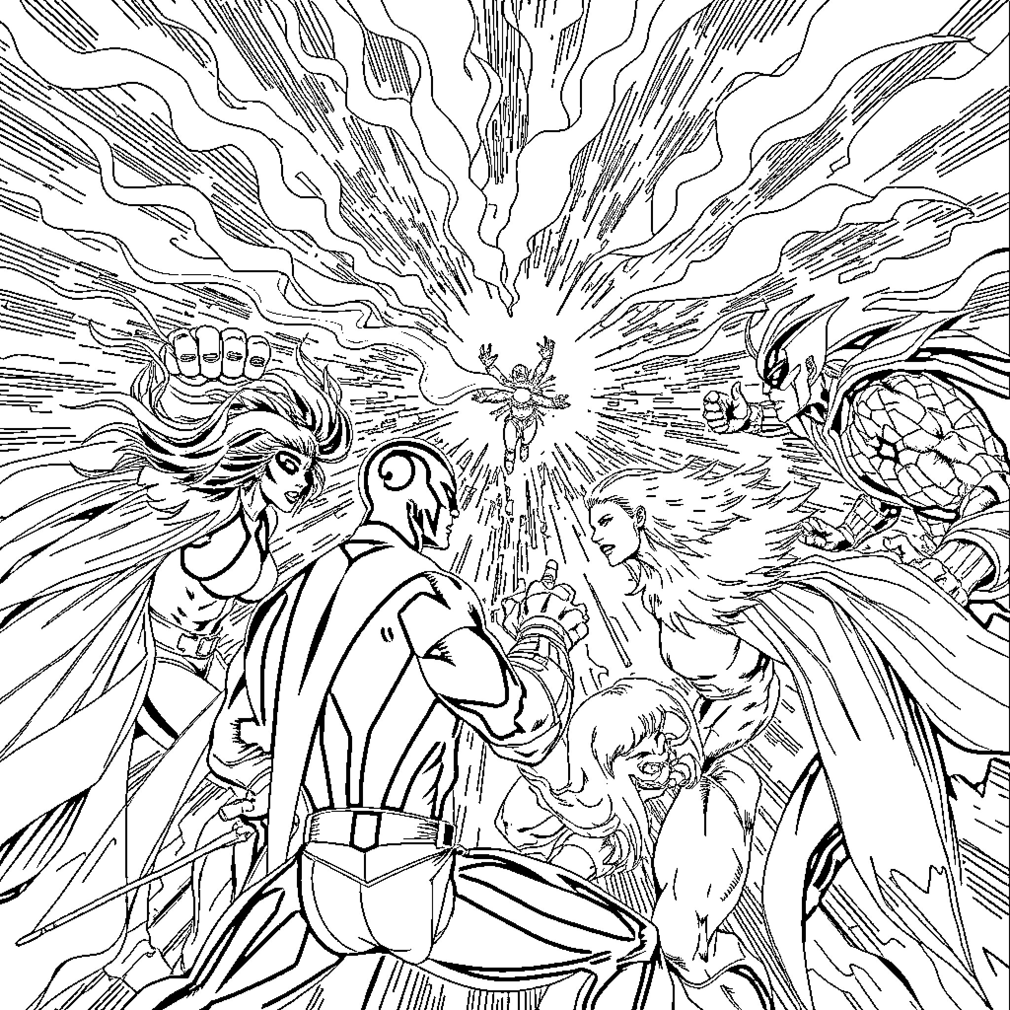 Xmen fighting epic battle with villains Coloring Page (free black-and-white line drawing printable PDF for all, from beginners to advanced learners, including children, teens, adults, and seniors)