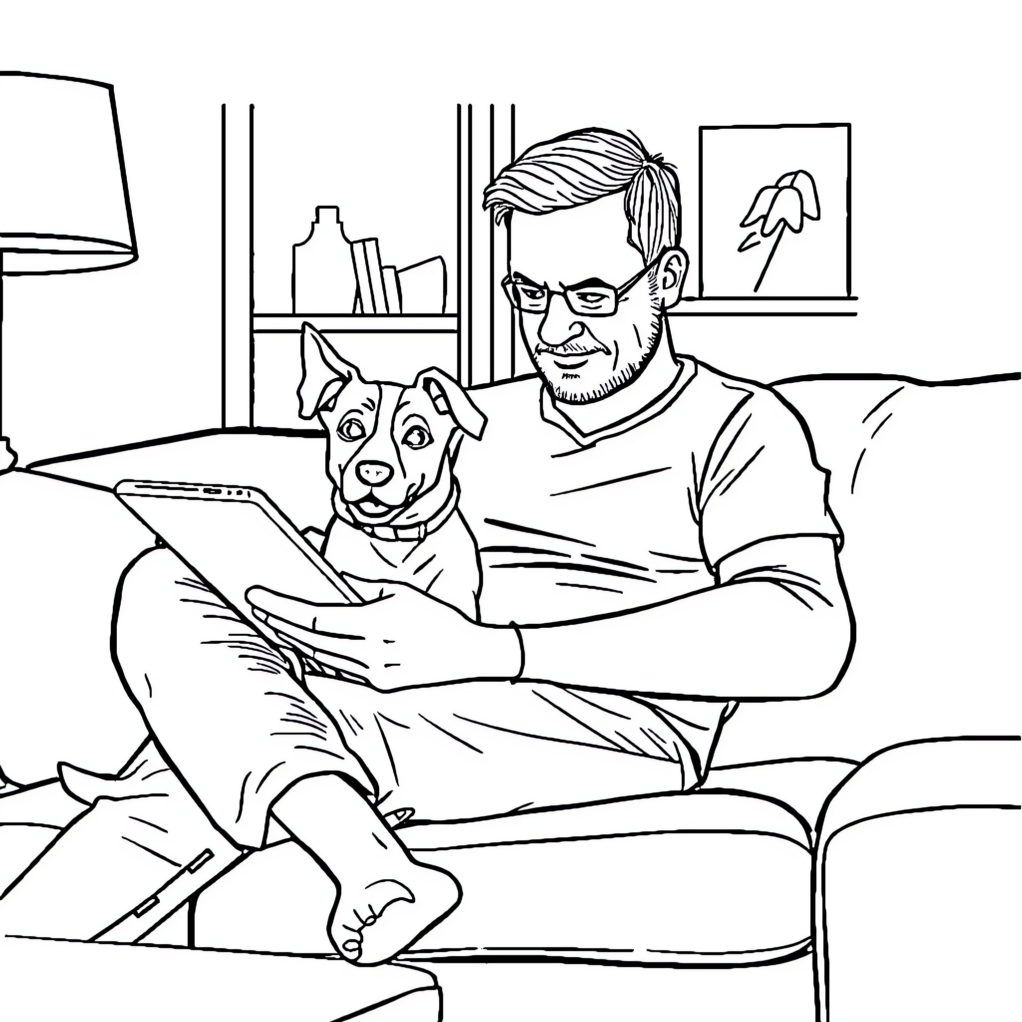 Dad bonding with his loyal canine companion Coloring Page (free black-and-white line drawing printable PDF for all, from beginners to advanced learners, including children, teens, adults, and seniors)