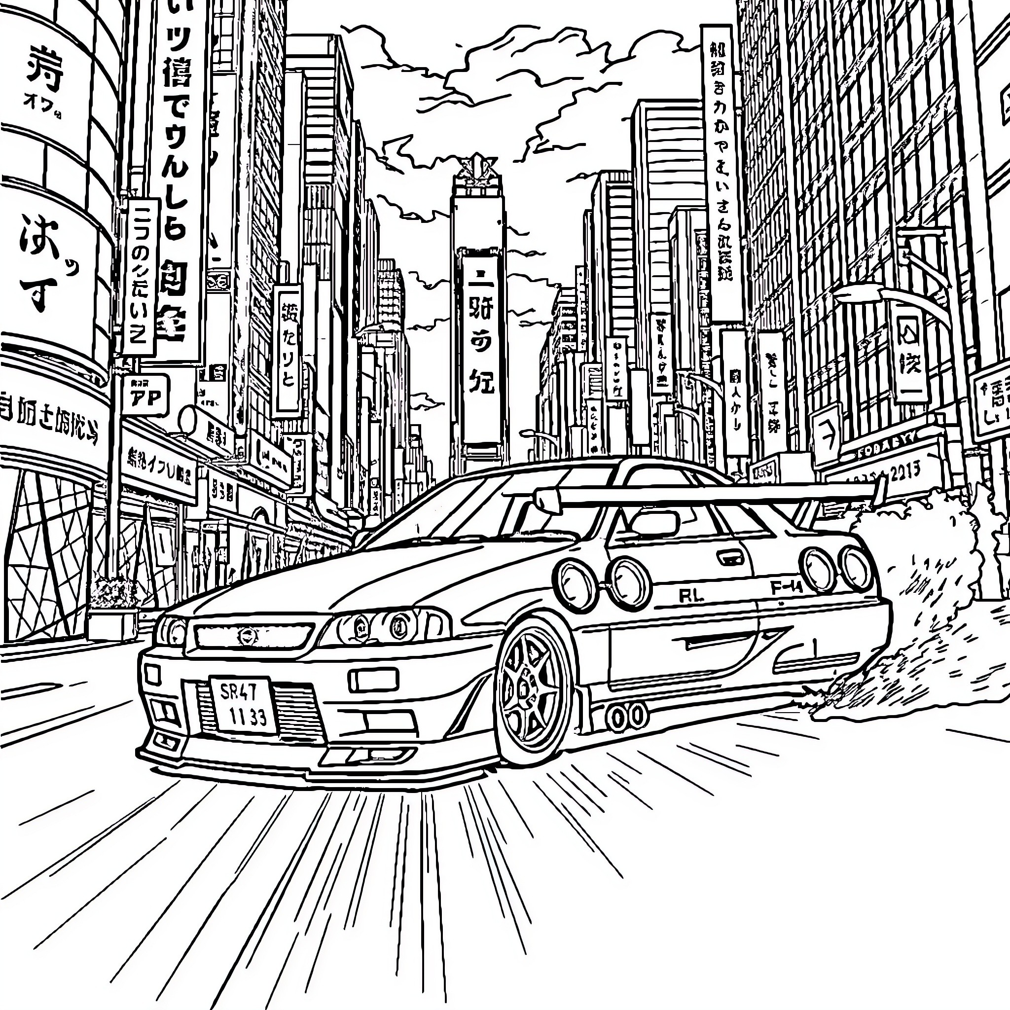 Nissan R34 speeding through the city streets Coloring Page (free black-and-white line drawing printable PDF for all, from beginners to advanced learners, including children, teens, adults, and seniors)