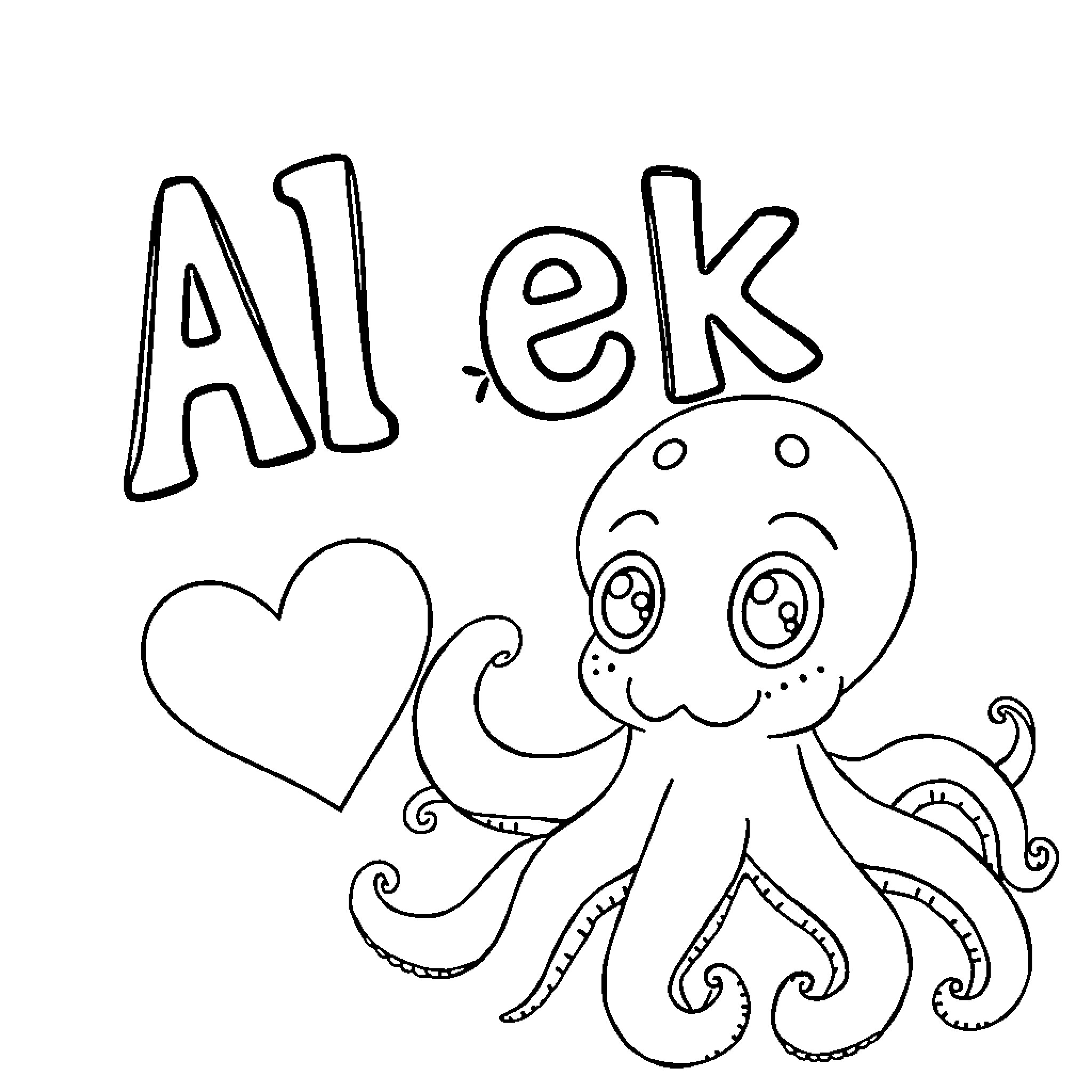Alek's playful octopus with heart Coloring Page (free black-and-white line drawing printable PDF for all, from beginners to advanced learners, including children, teens, adults, and seniors)