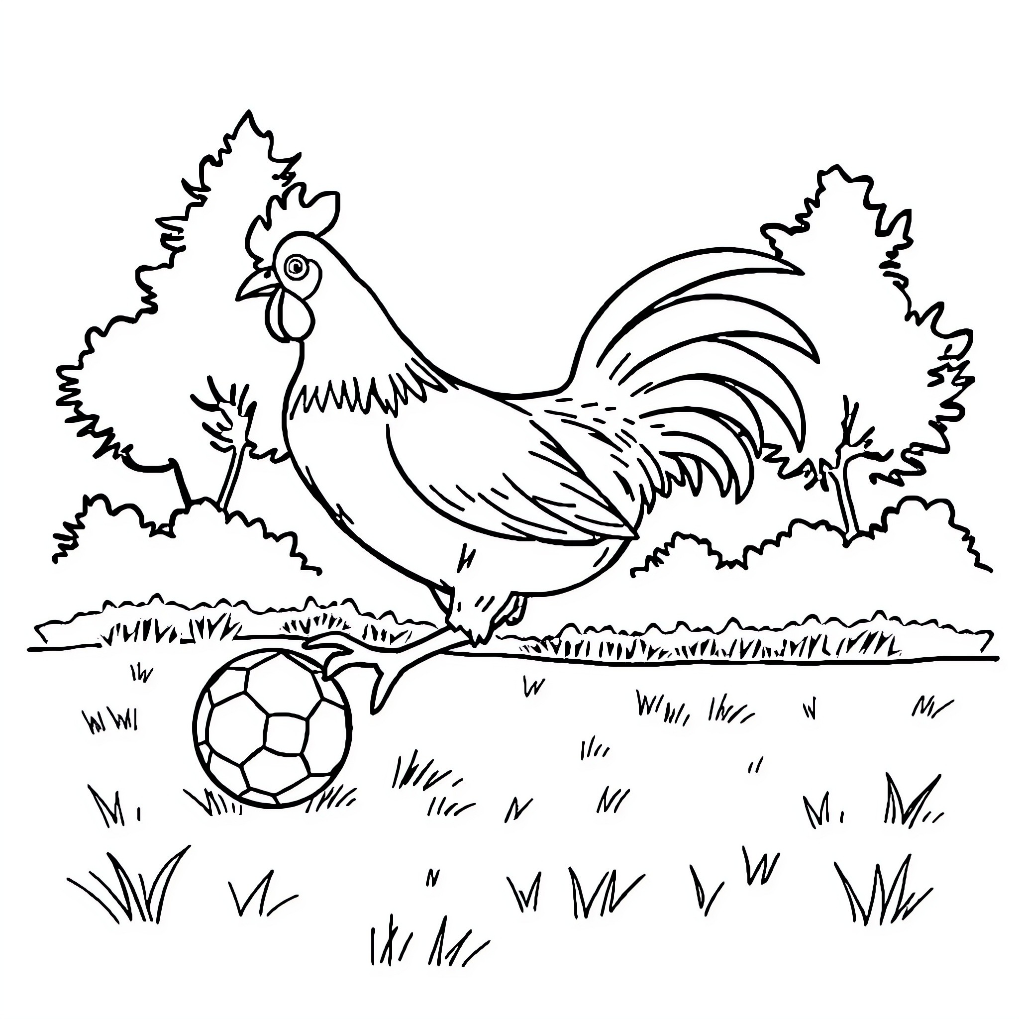 Chicken playing with soccer ball in the field Coloring Page (free black-and-white line drawing printable PDF for all, from beginners to advanced learners, including children, teens, adults, and seniors)