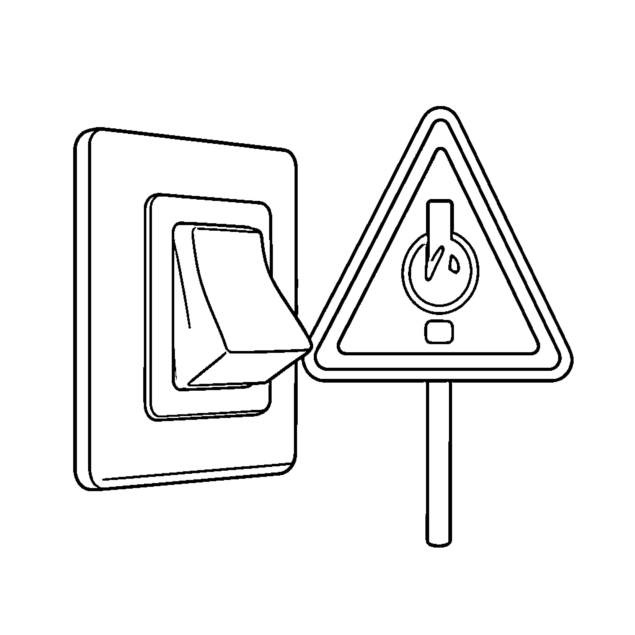 Switch being flipped next to a warning sign Coloring Page (free black-and-white line drawing printable PDF for all, from beginners to advanced learners, including children, teens, adults, and seniors)