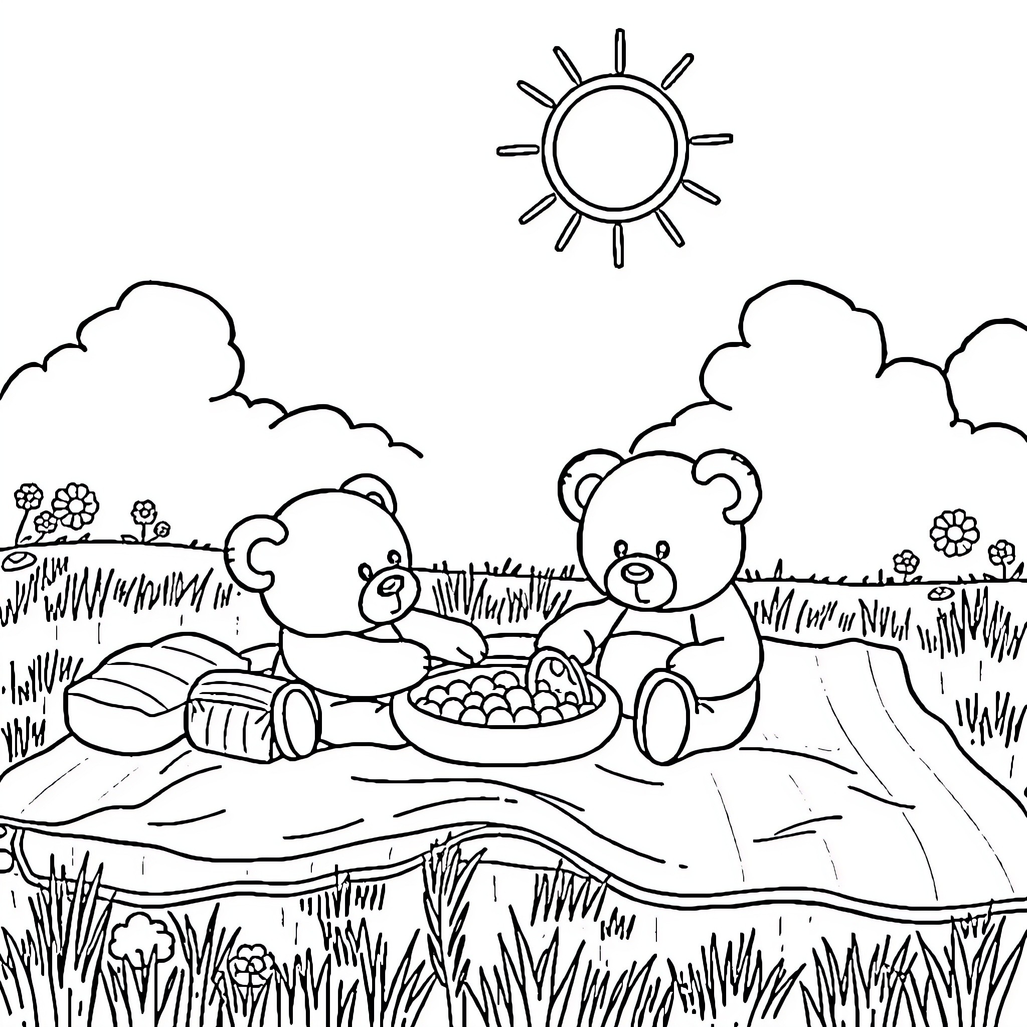 Teddy Bear Picnic in a Peaceful Outdoor Scene Coloring Page (free black-and-white line drawing printable PDF for all, from beginners to advanced learners, including children, teens, adults, and seniors)
