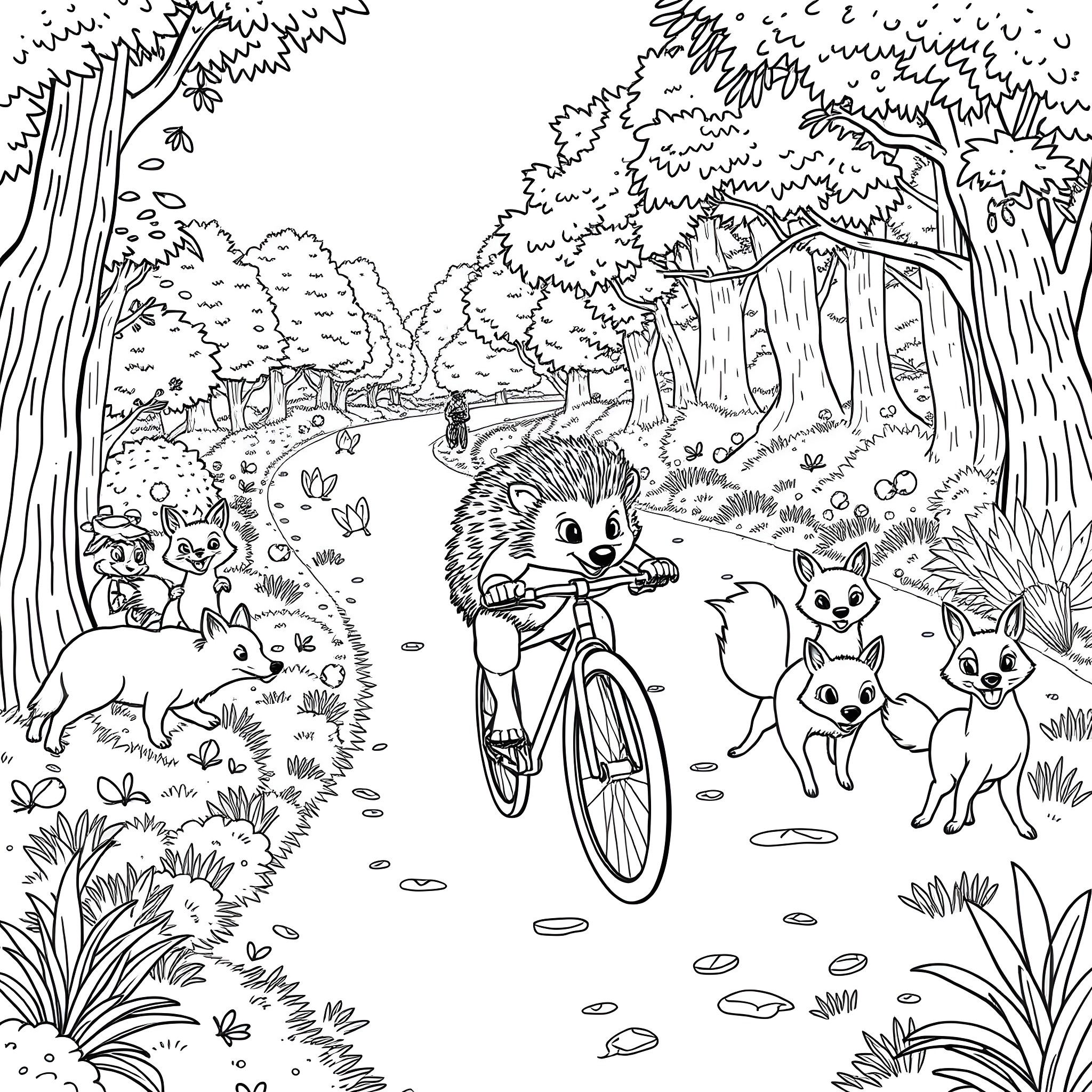 Hedgehog riding a bicycle through the forest with woodland animals Coloring Page (free black-and-white line drawing printable PDF for all, from beginners to advanced learners, including children, teens, adults, and seniors)
