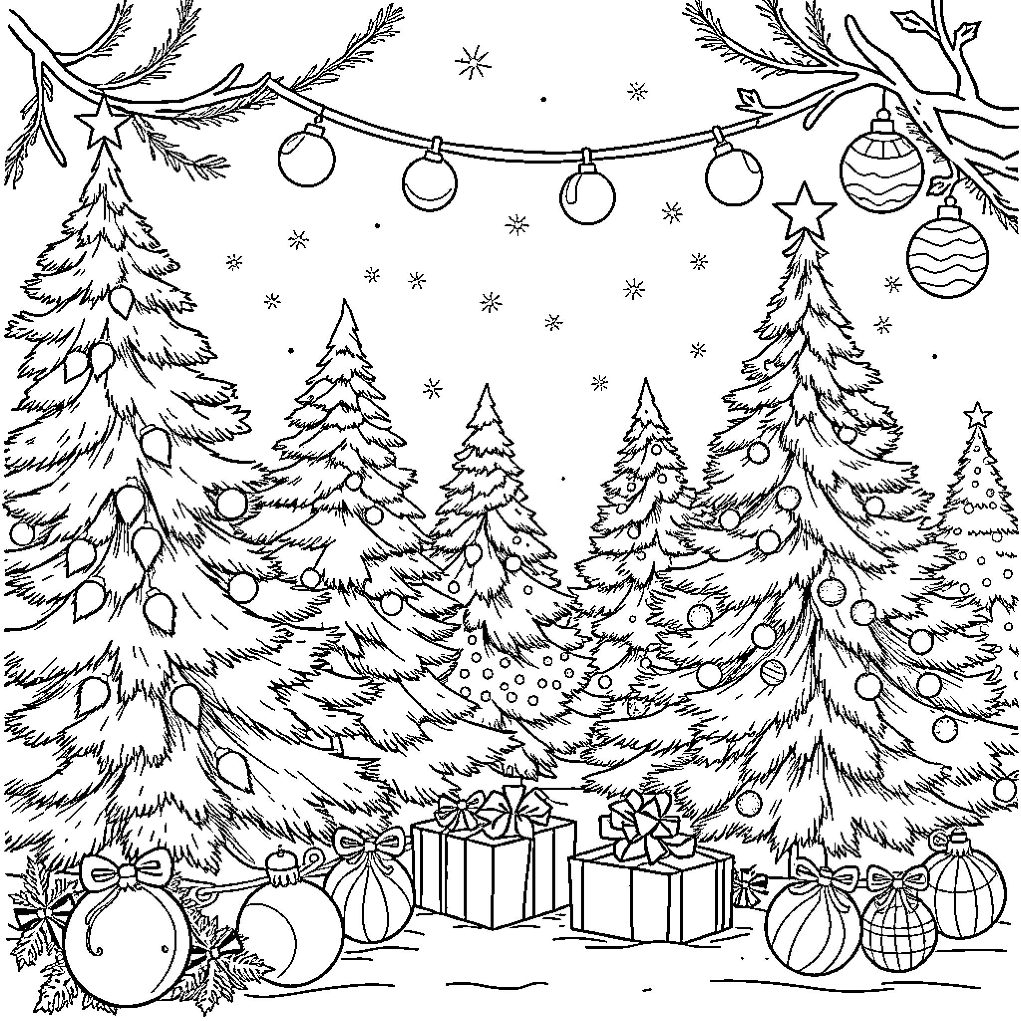 Christmas Festive Forest Scene with Decorations Coloring Page (free black-and-white line drawing printable PDF for all, from beginners to advanced learners, including children, teens, adults, and seniors)
