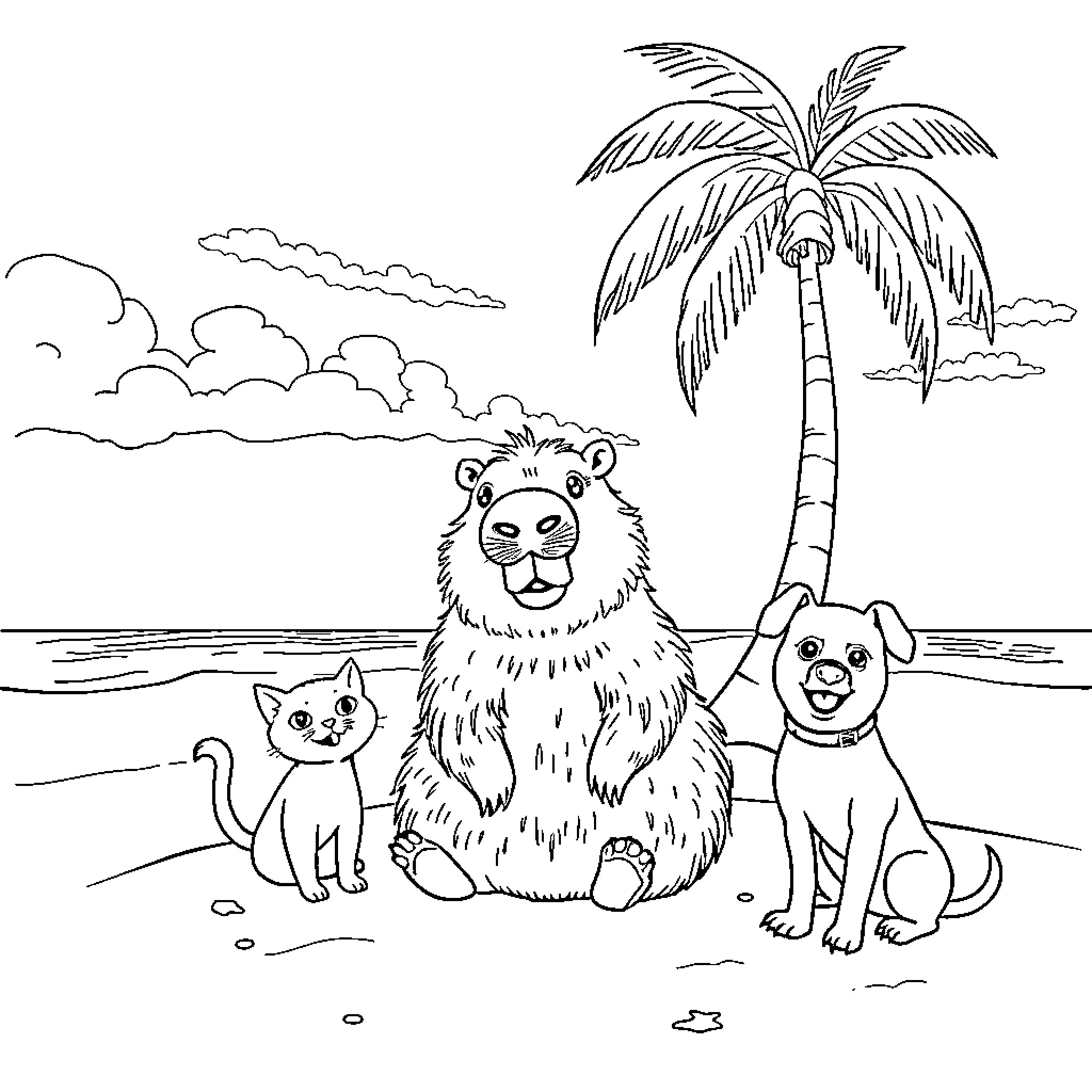 Capybara and friends on the tropical beach Coloring Page (free black-and-white line drawing printable PDF for all, from beginners to advanced learners, including children, teens, adults, and seniors)