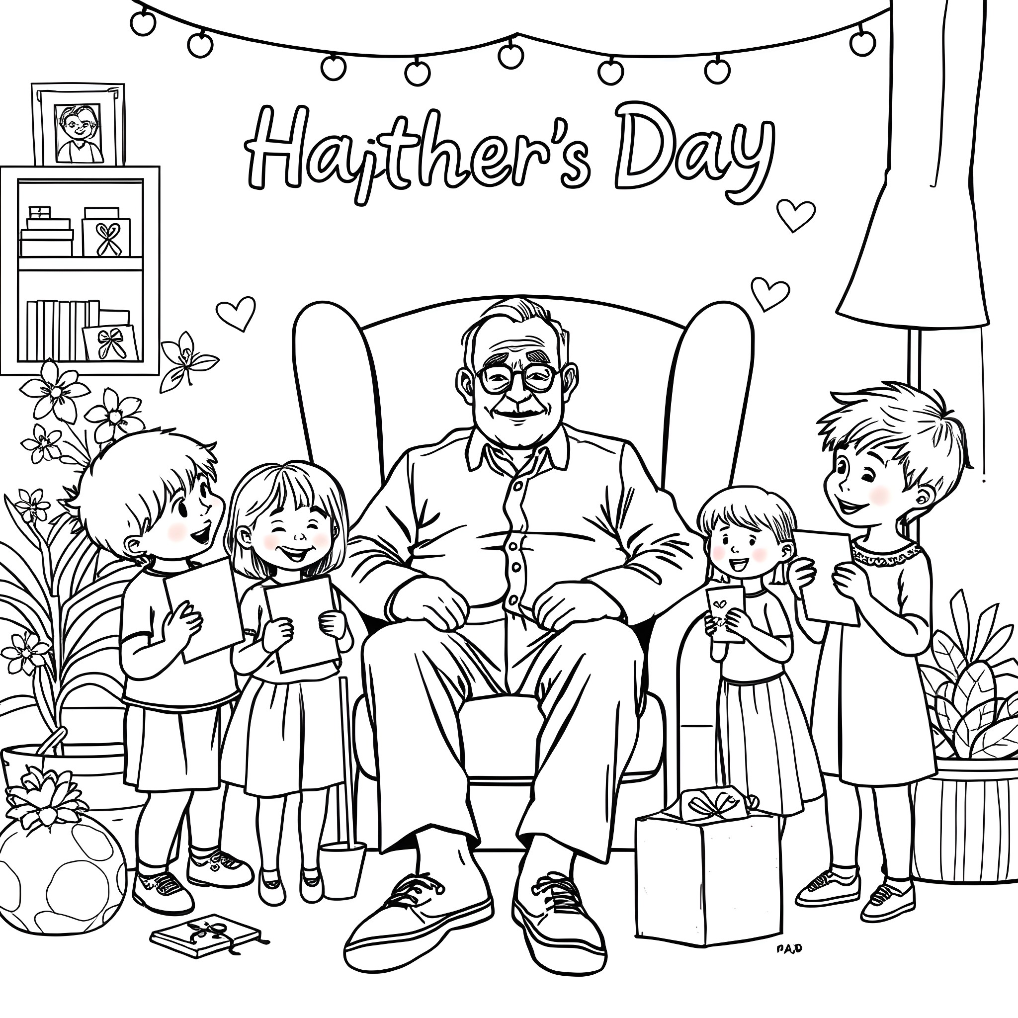 Grandpa enjoying time with his grandchildren on Father's Day Coloring Page (free black-and-white line drawing printable PDF for all, from beginners to advanced learners, including children, teens, adults, and seniors)
