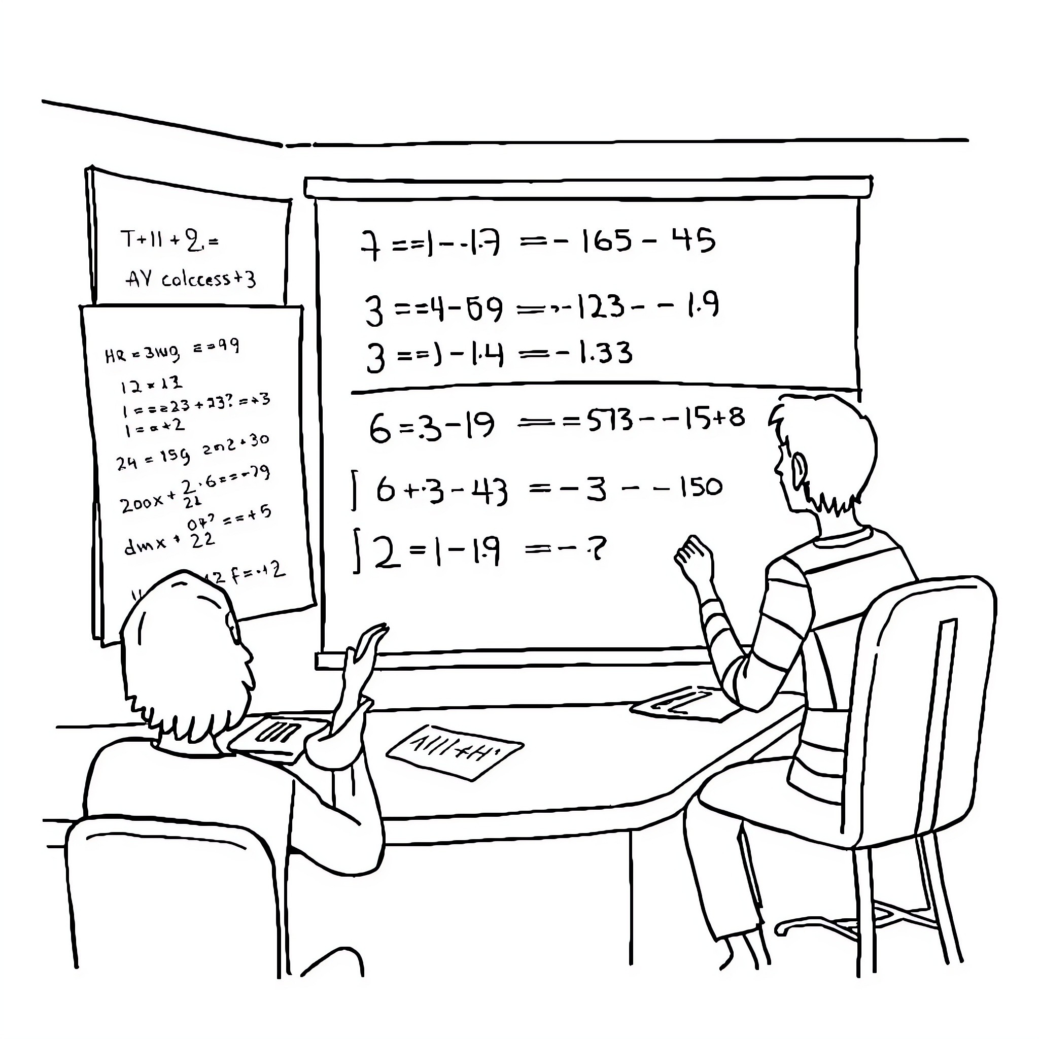 Math lessons on the chalkboard Coloring Page (free black-and-white line drawing printable PDF for all, from beginners to advanced learners, including children, teens, adults, and seniors)