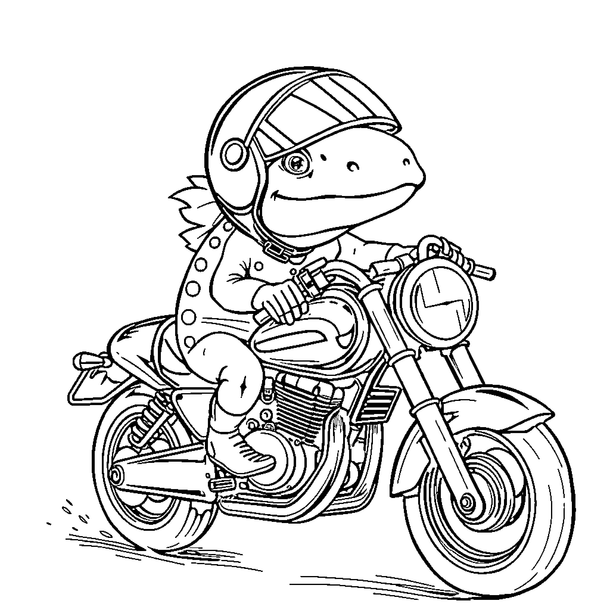 Axolotl riding a motorcycle with enthusiasm Coloring Page (free black-and-white line drawing printable PDF for all, from beginners to advanced learners, including children, teens, adults, and seniors)