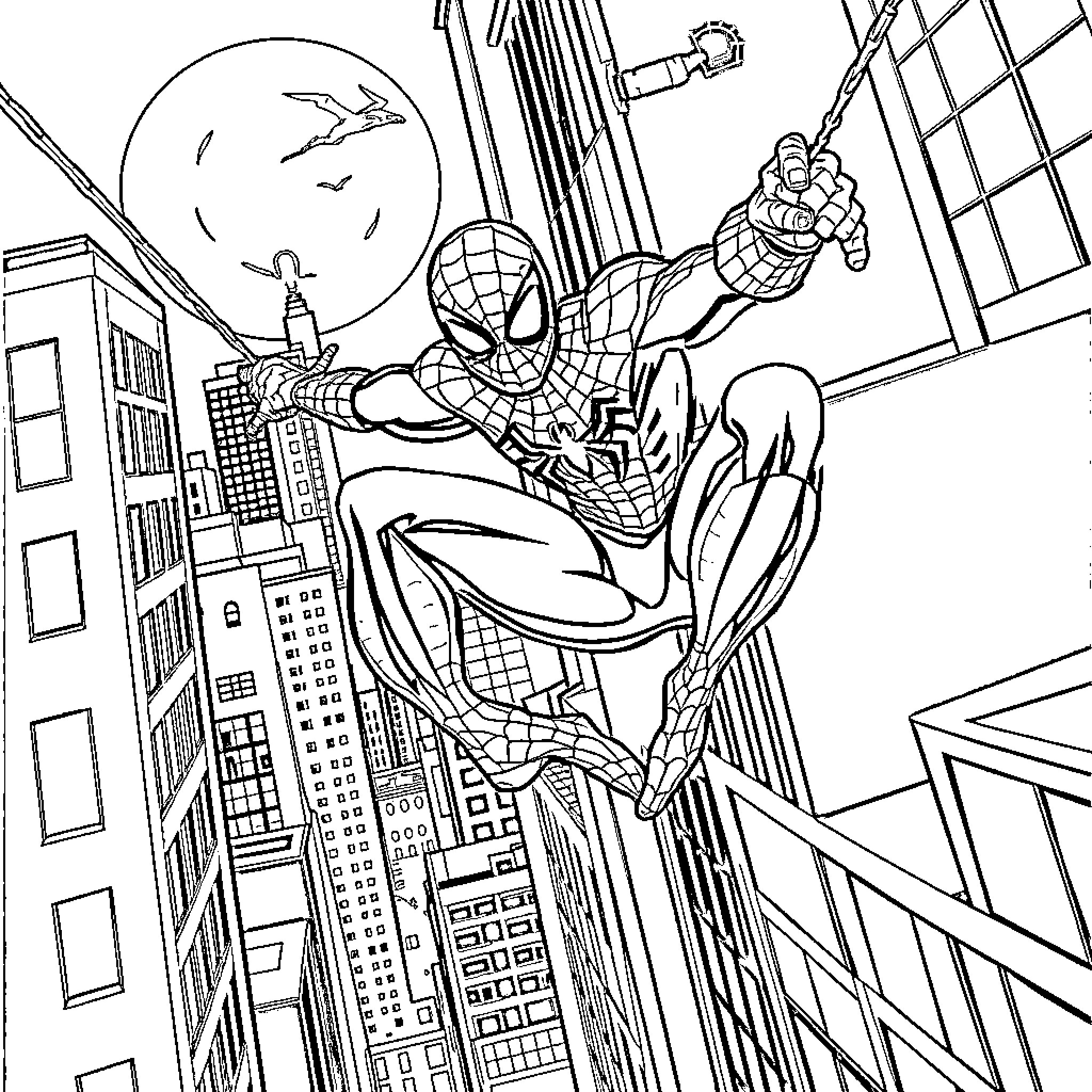 Spider-Man swinging through the city skyline Coloring Page (free black-and-white line drawing printable PDF for all, from beginners to advanced learners, including children, teens, adults, and seniors)