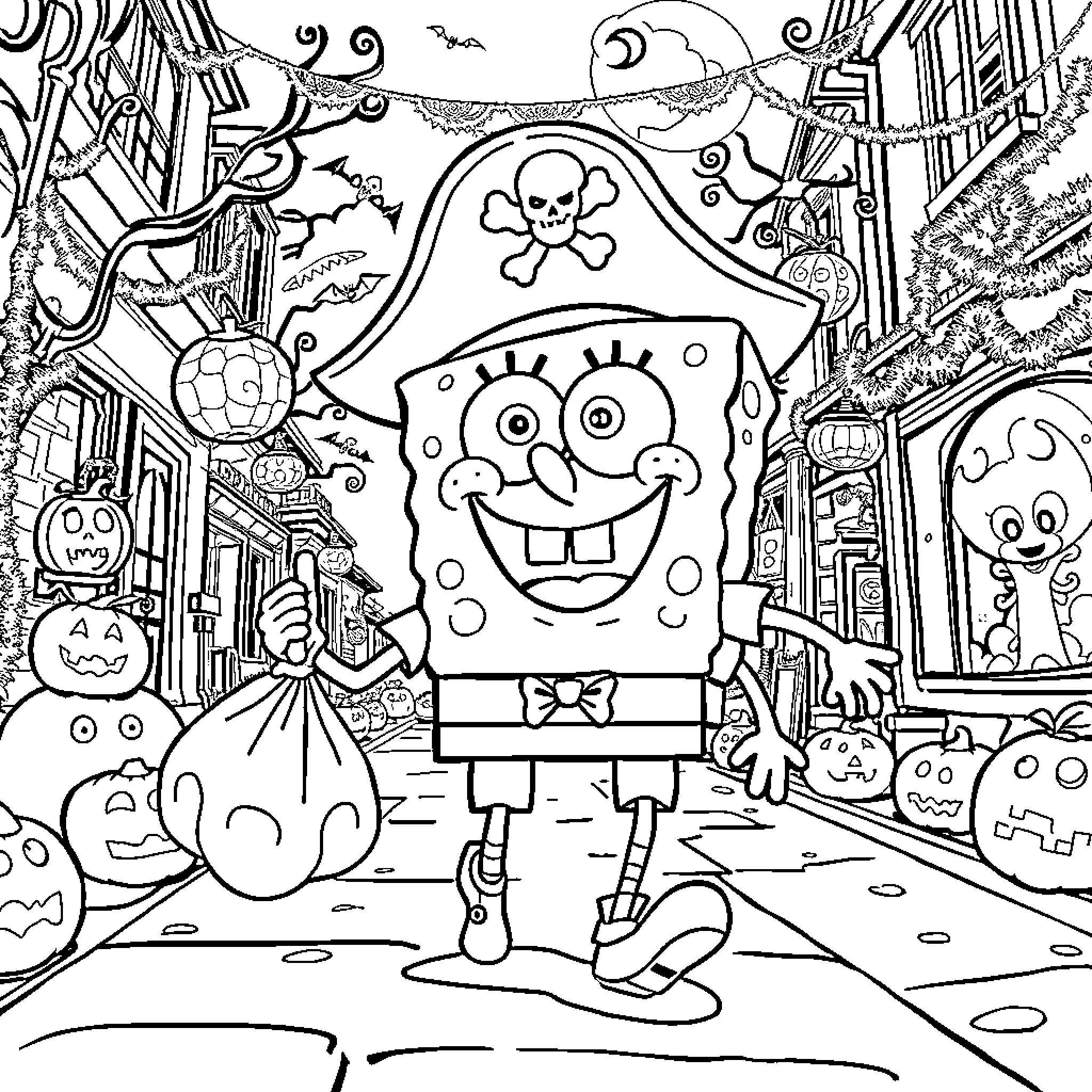 Spongebob celebrates Halloween with spooky friends Coloring Page (free black-and-white line drawing printable PDF for all, from beginners to advanced learners, including children, teens, adults, and seniors)