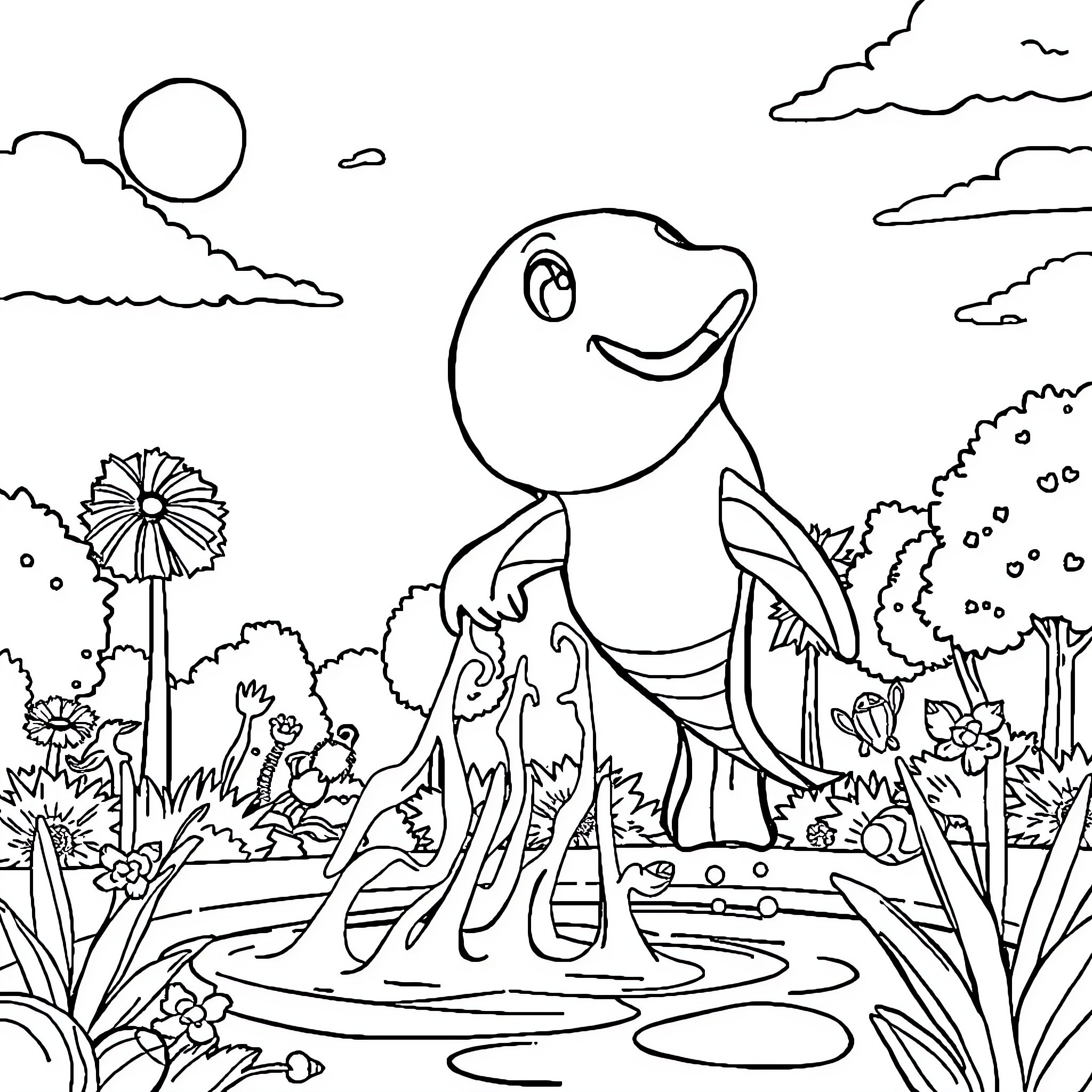 Popiplaytime in a whimsical nature scene Coloring Page (free black-and-white line drawing printable PDF for all, from beginners to advanced learners, including children, teens, adults, and seniors)